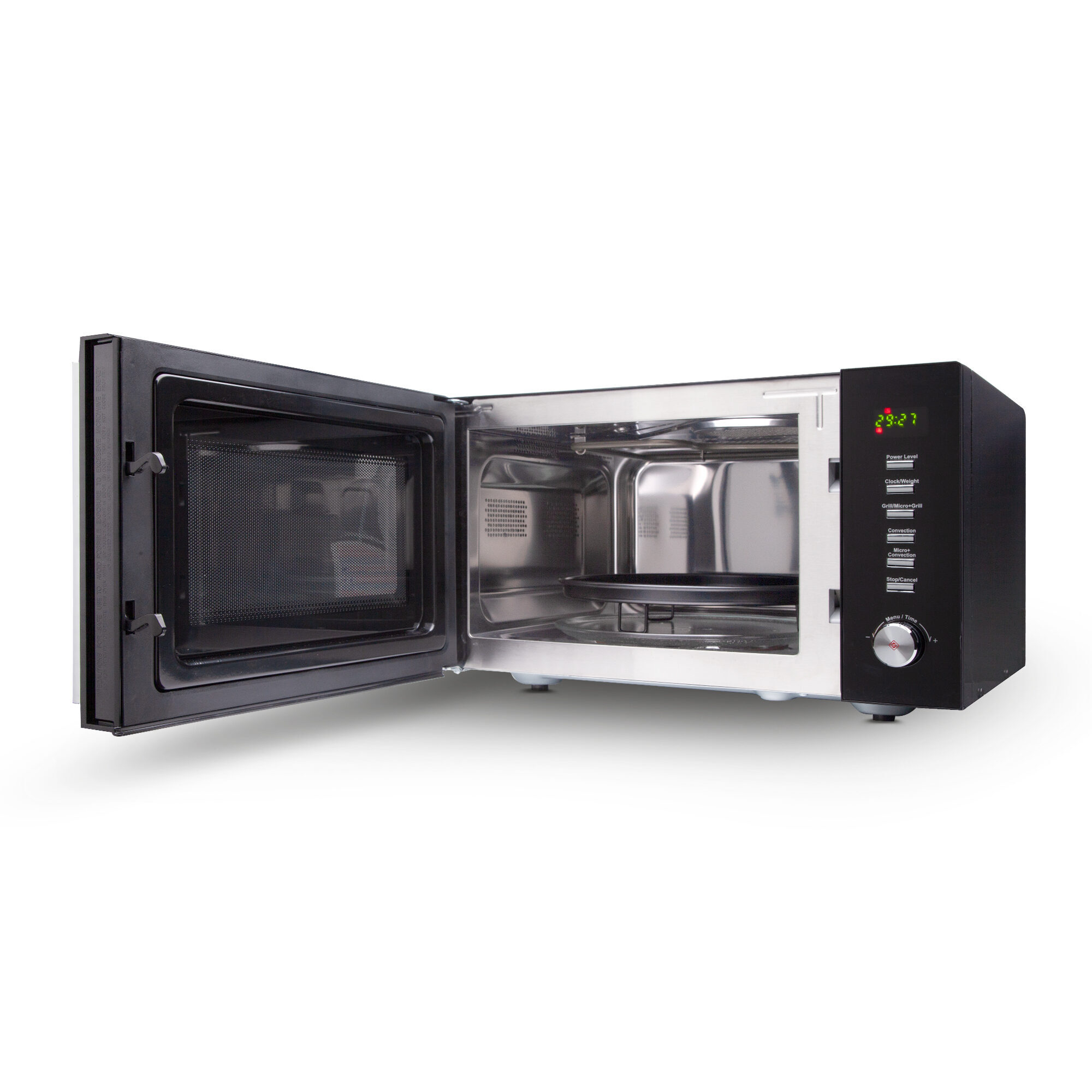 Un forno a microonde nero e argento con la porta aperta, che mostra l'interno.