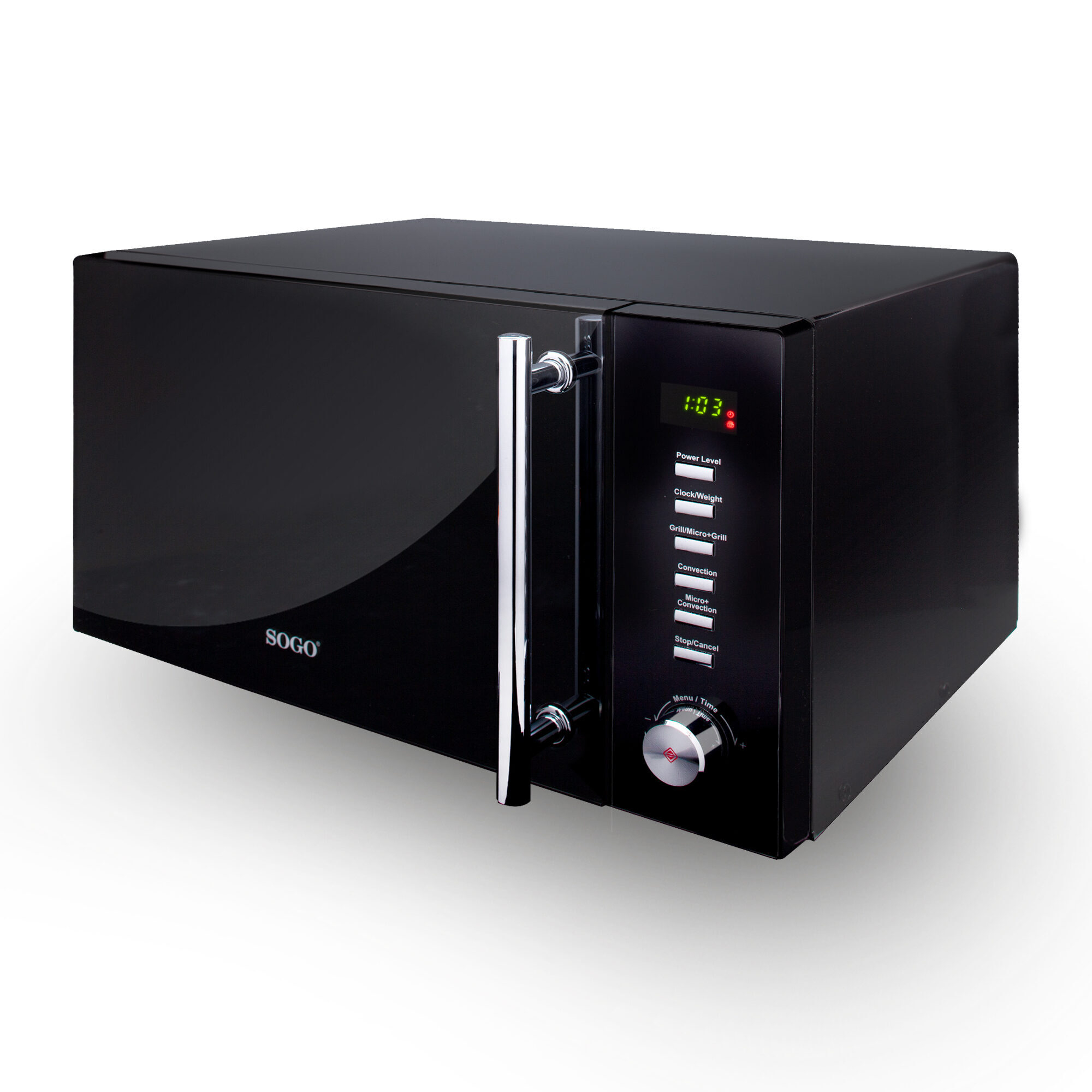 Forno a microonde SOGO nero. Ha una maniglia e un display digitale che mostra 1:03.
