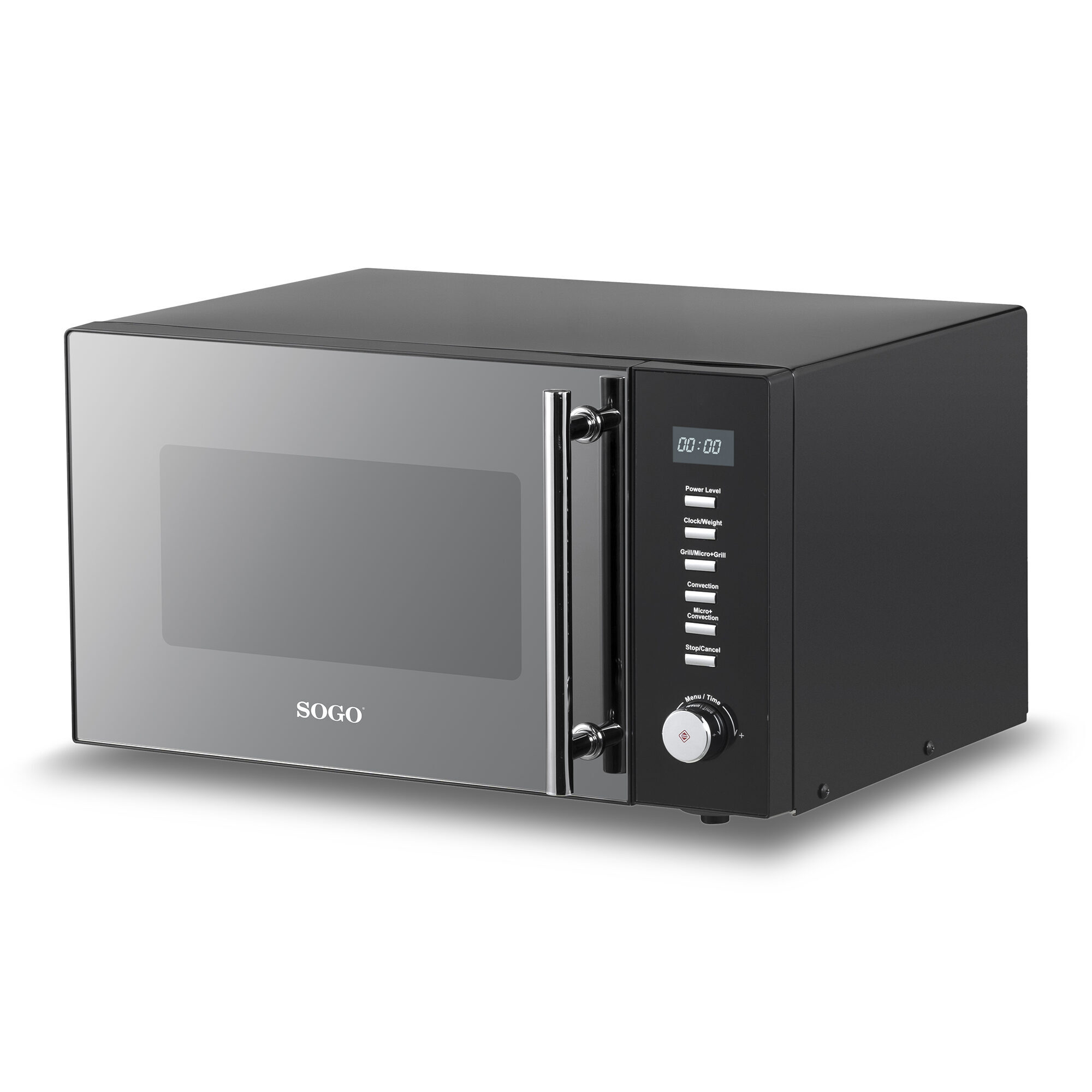 Forno a microonde nero con display digitale. Sfondo bianco.