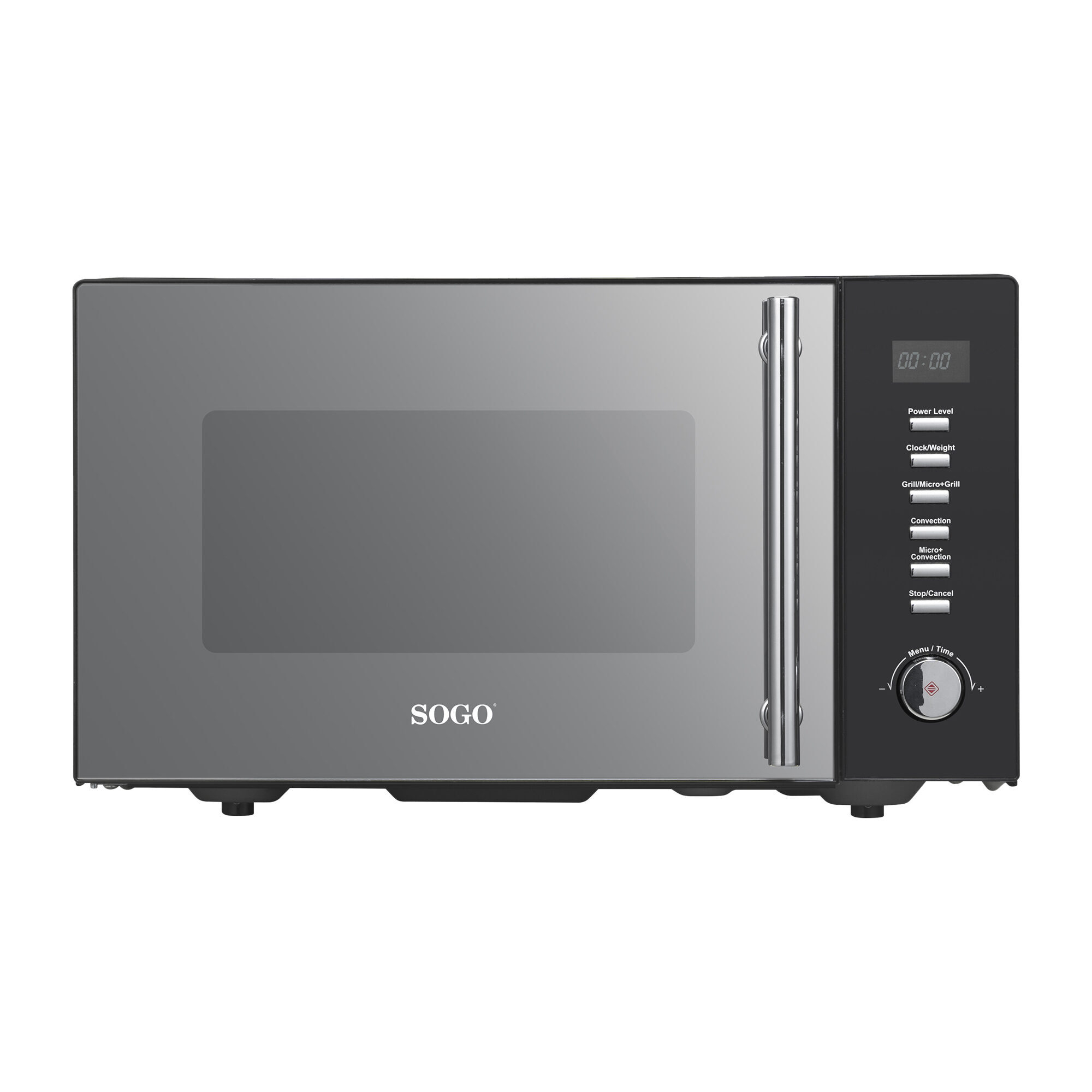 Un forno a microonde nero e argento con display digitale.