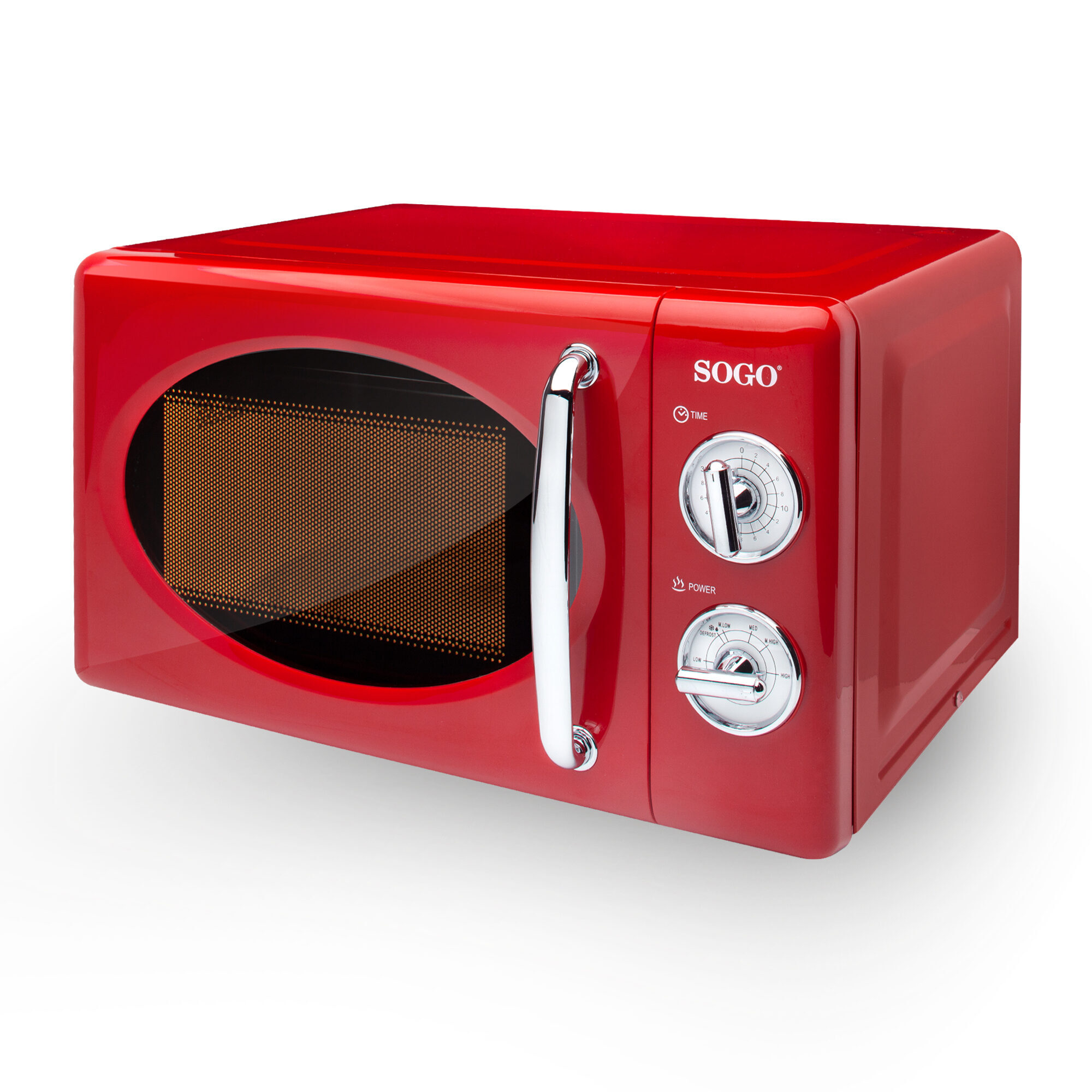 Horno microondas rojo con puerta negra y asa plateada. Fondo blanco.
