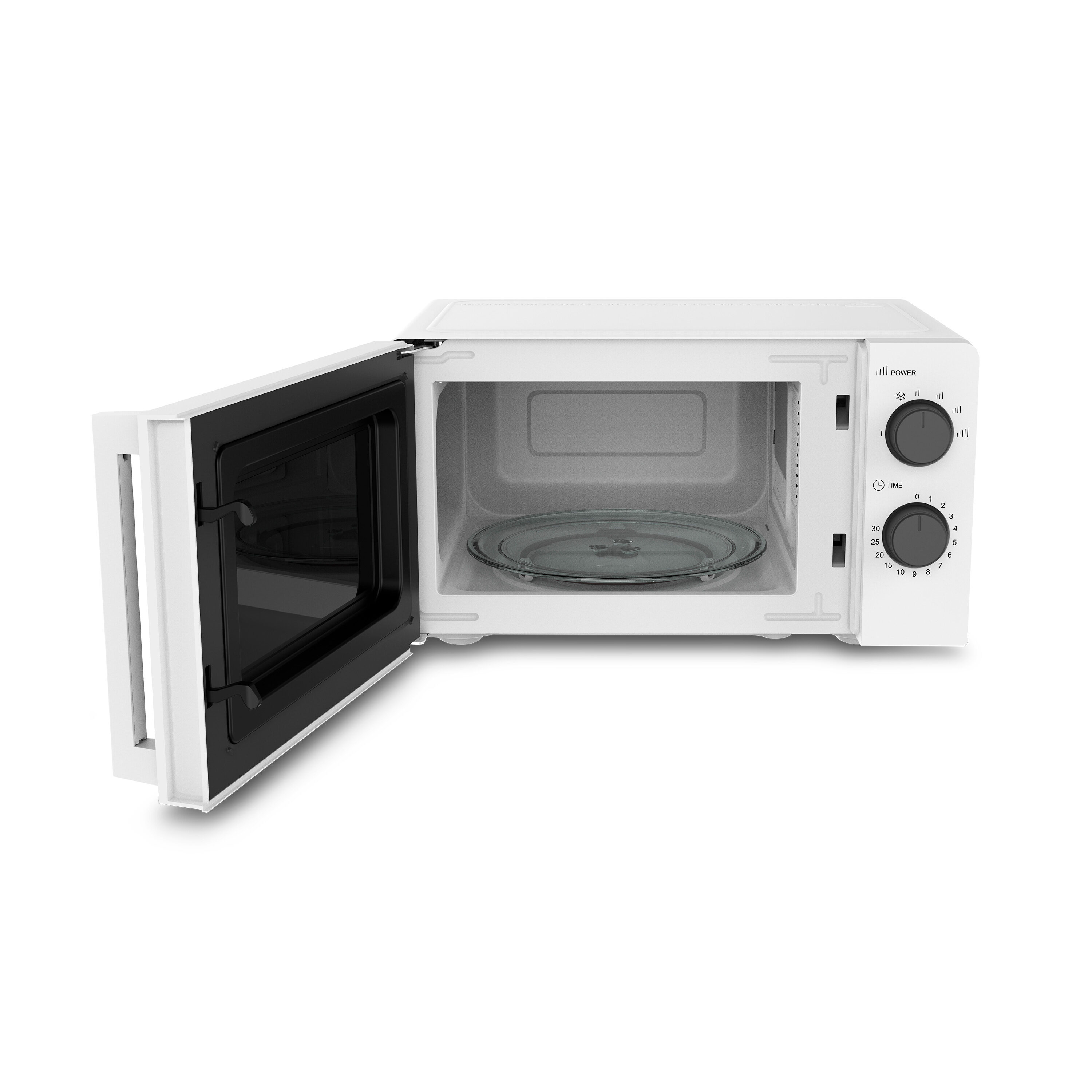 Un horno microondas blanco, abierto, con una placa de vidrio dentro, sobre fondo blanco.
