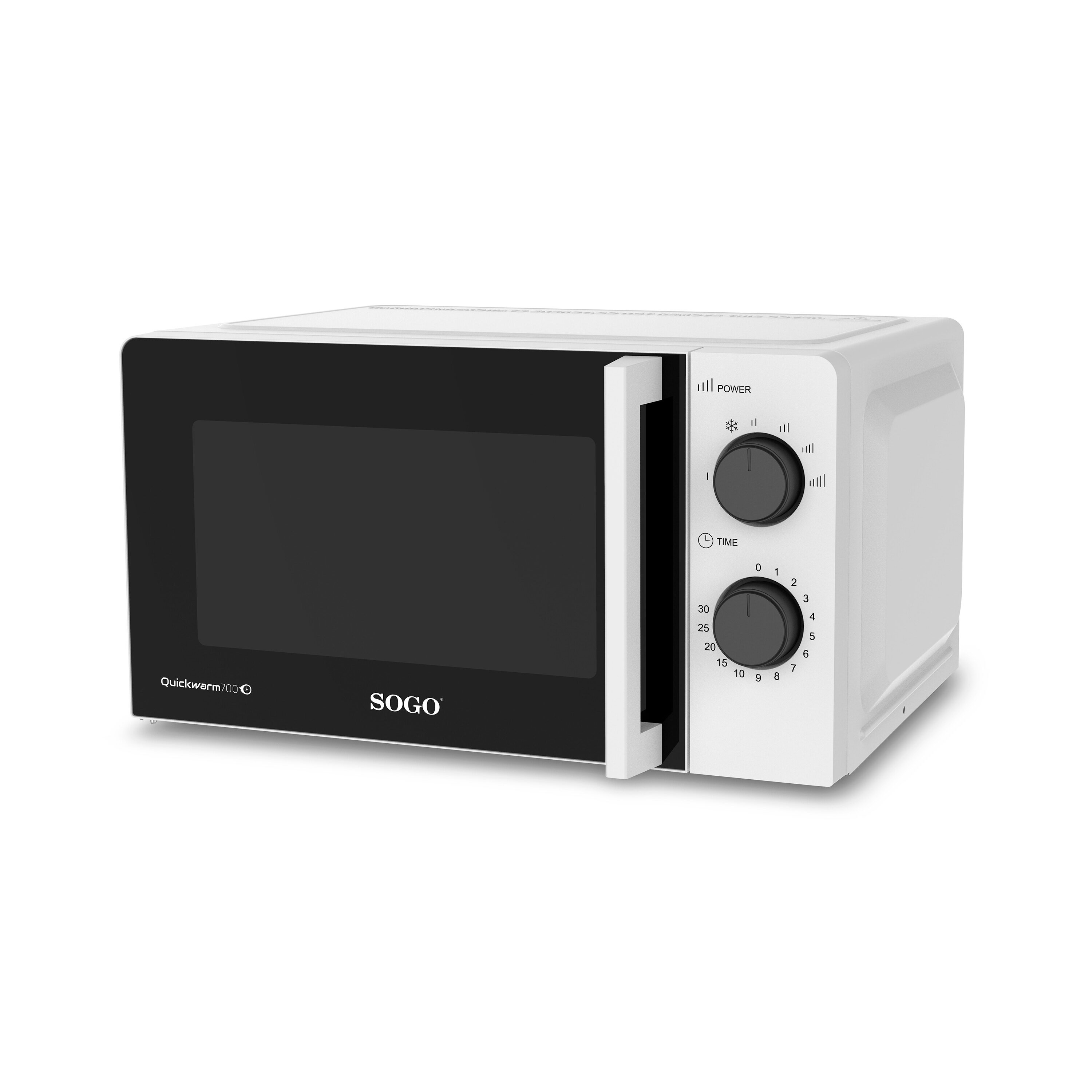 Horno microondas blanco con puerta negra. Marca SOGO. Controles a la derecha. Fondo blanco.