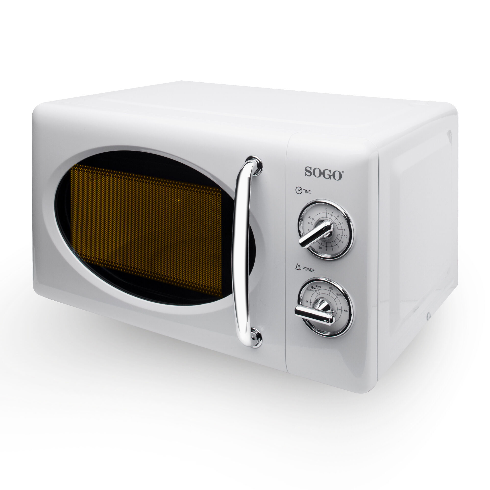 Un forno a microonde Sogo bianco con maniglia argentata, manopole e interno marrone.