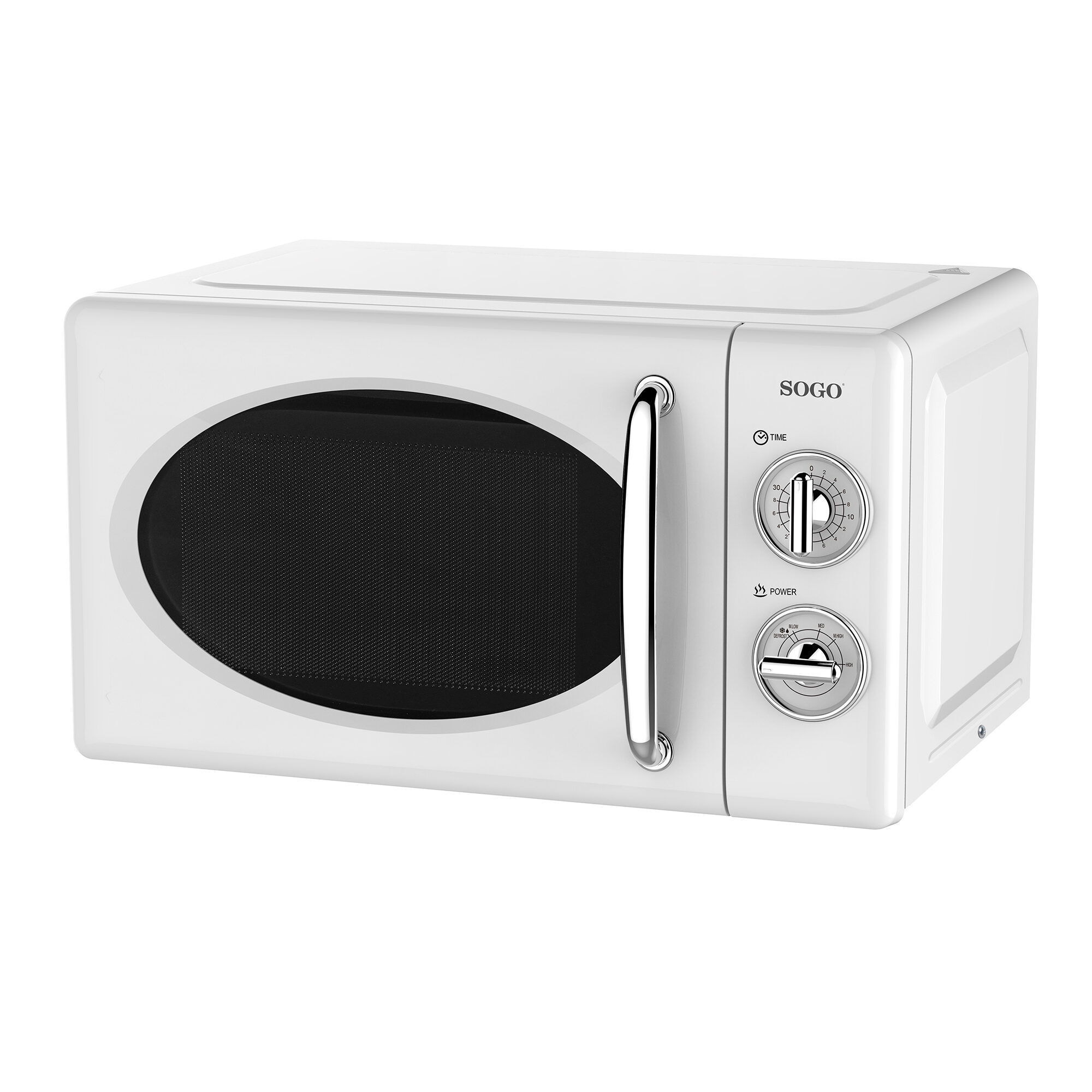 Forno a microonde SOGO bianco con maniglia e pannello di controllo sul lato destro, che mostra l'ora e la potenza.
