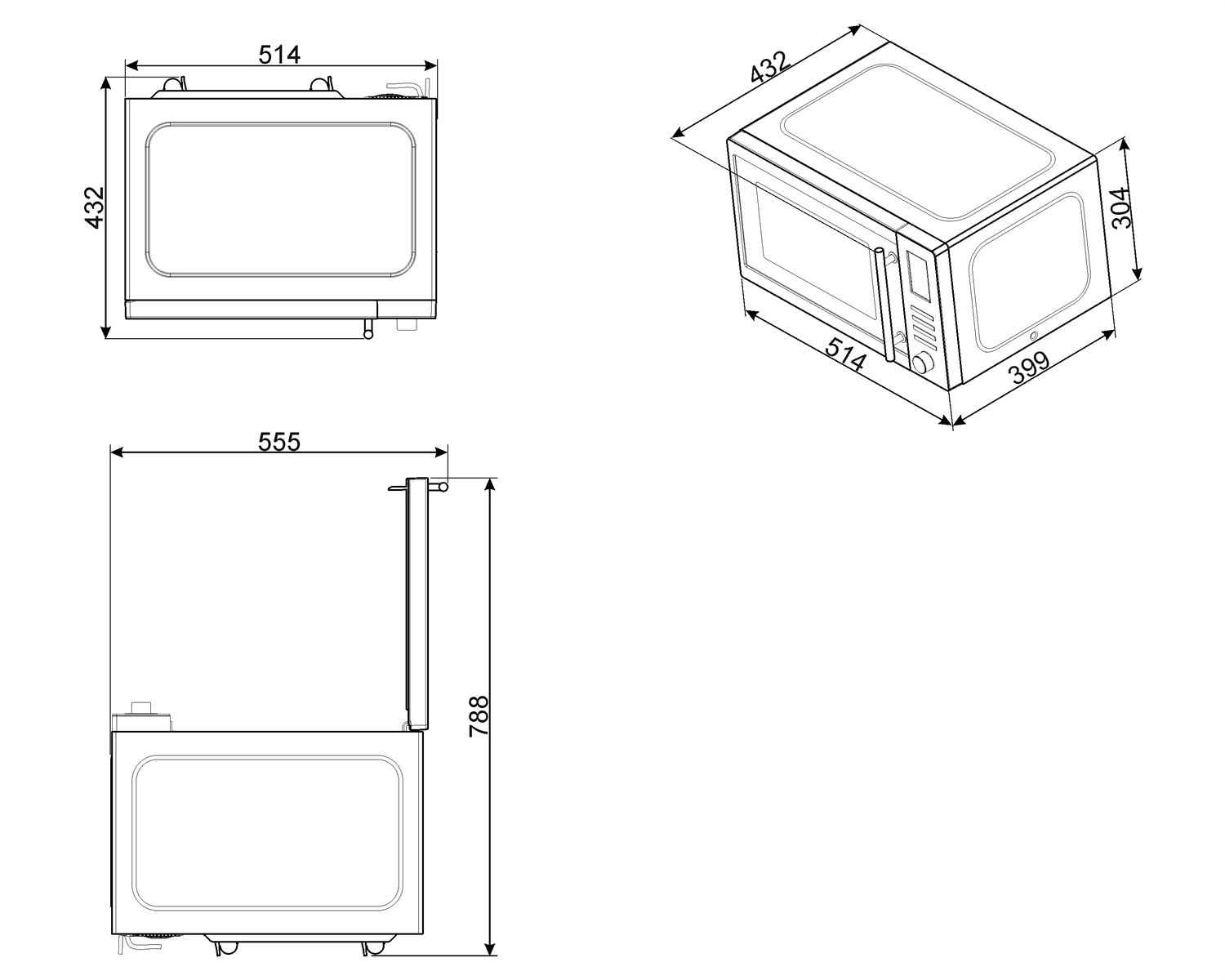 Disegno tecnico di un forno a microonde, con dimensioni e angoli su sfondo bianco.