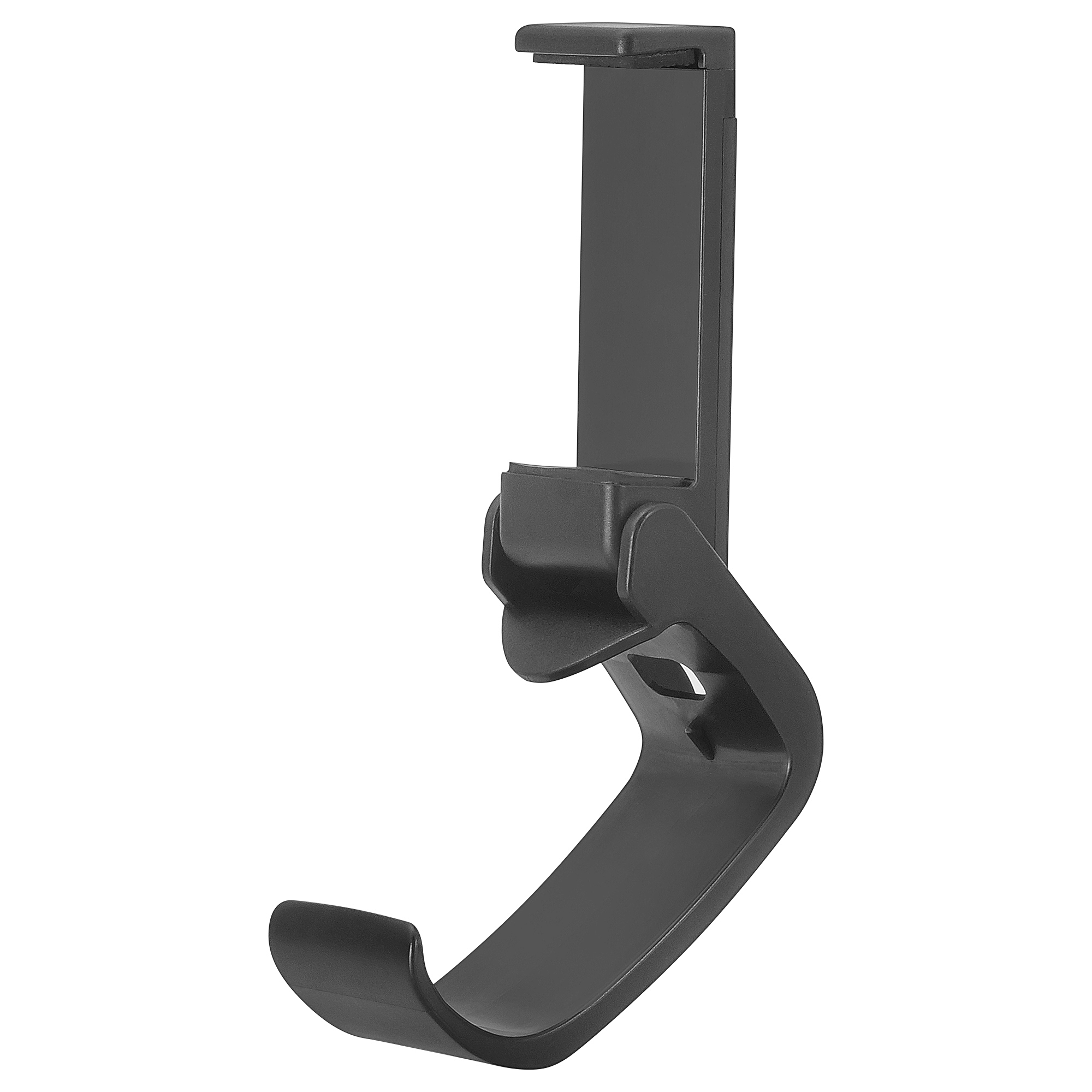 Czarny uchwyt na telefon o zakrzywionym kształcie, gotowy do użycia.