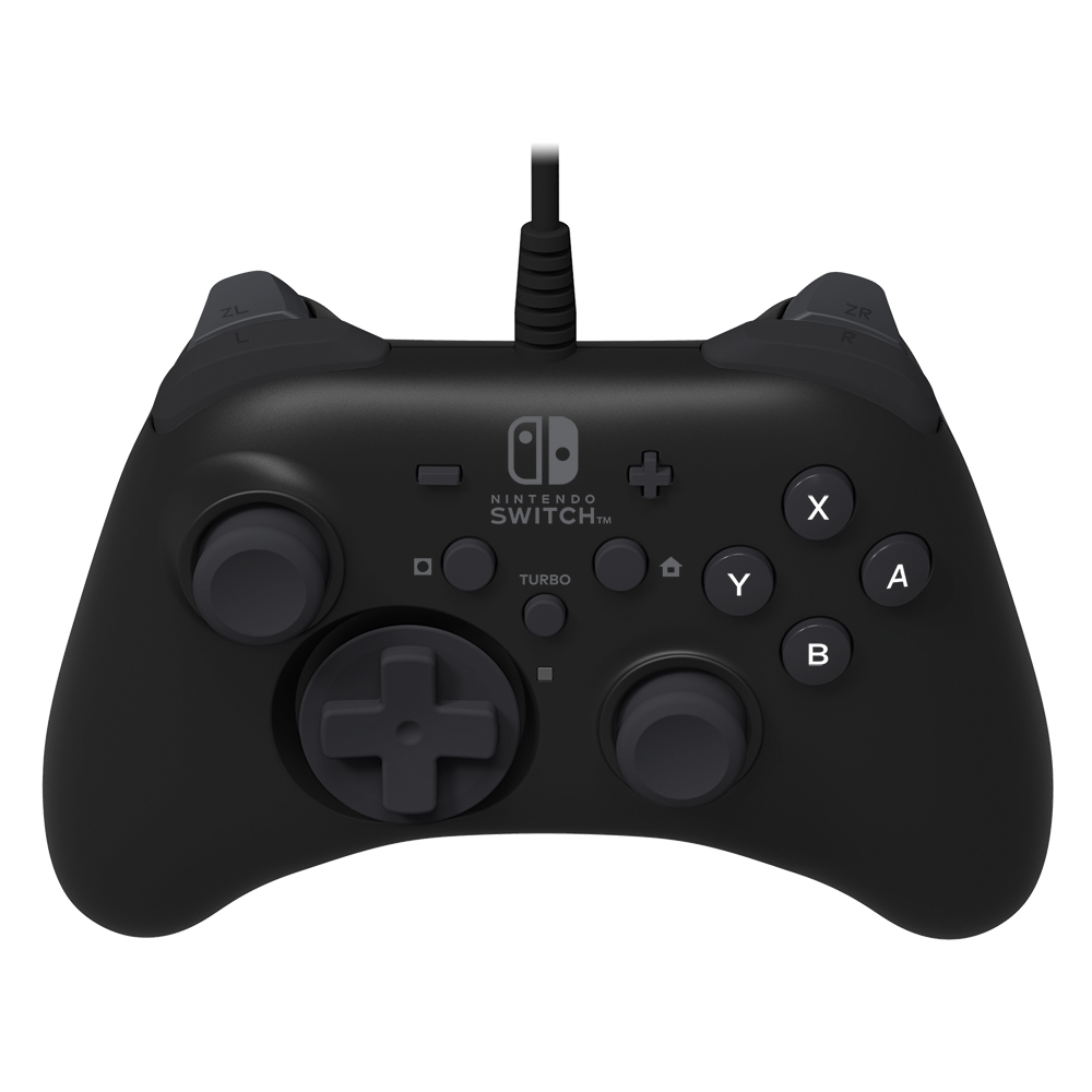 Schwarzer Nintendo Switch-Controller mit Knöpfen und einem Kabel. Der Controller hat ein Steuerkreuz.