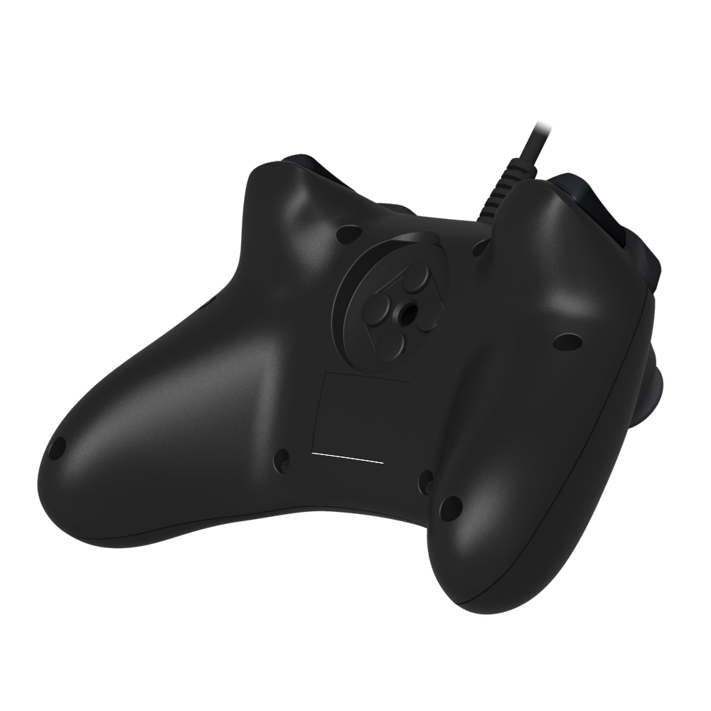 Schwarzer Gamecontroller, Rückansicht. Knöpfe sichtbar, mit Kabel. Weißer Hintergrund, klare Ansicht.