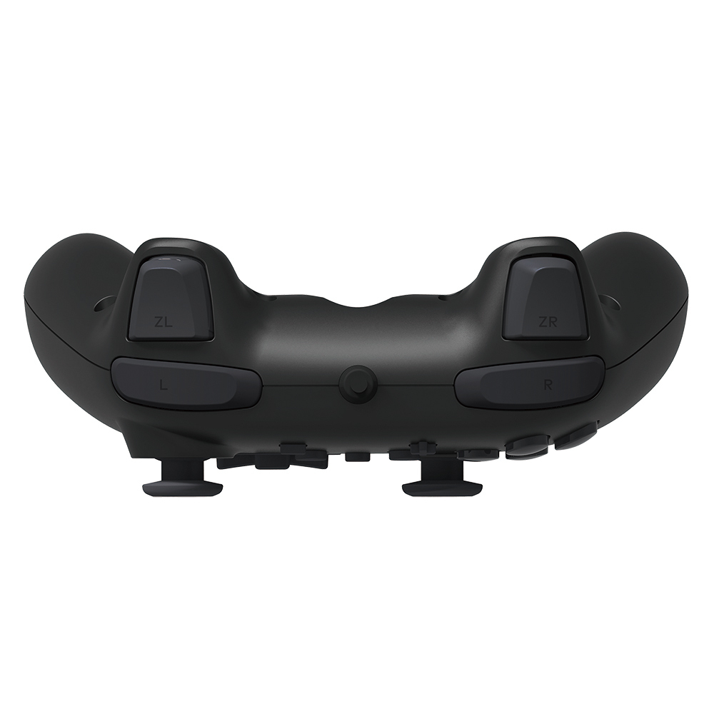 Rückansicht eines schwarzen Gamecontrollers mit Knöpfen und Auslösern. Weißer Hintergrund.