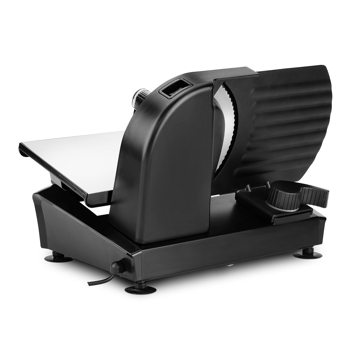 Czarna krajalnica do mięsa z ostrzem i ustawieniami.