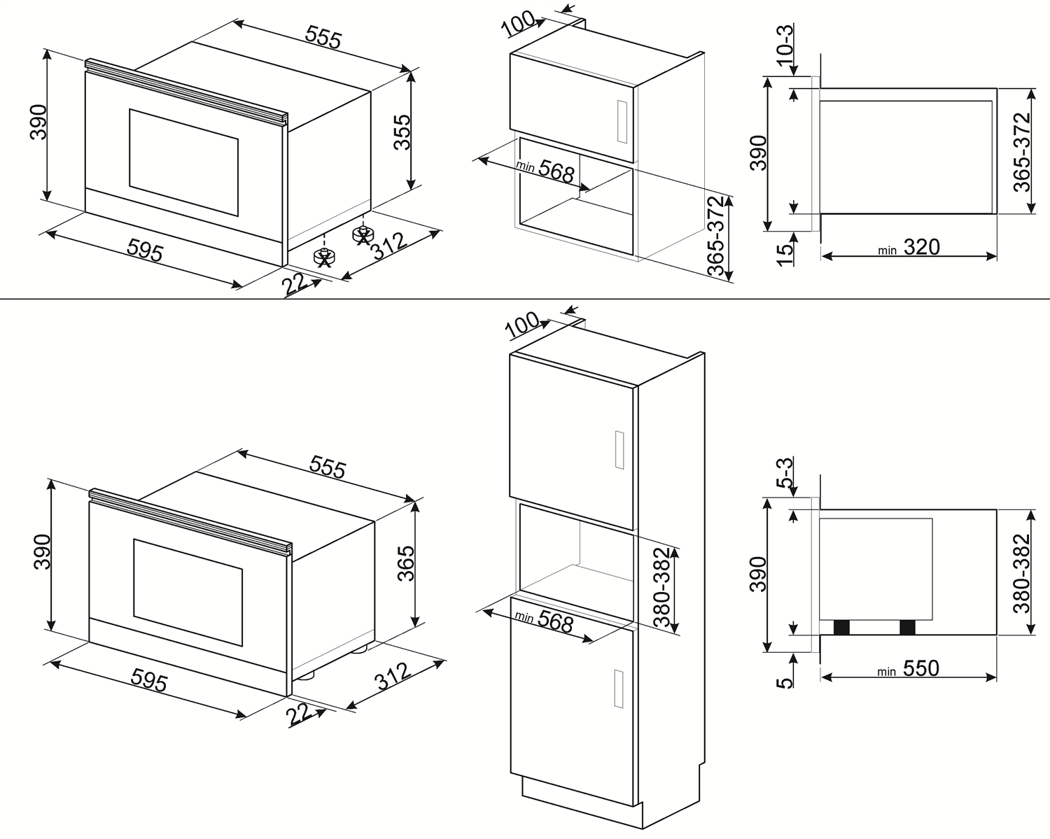 Diagrama de horno microondas con dimensiones y armario separado.