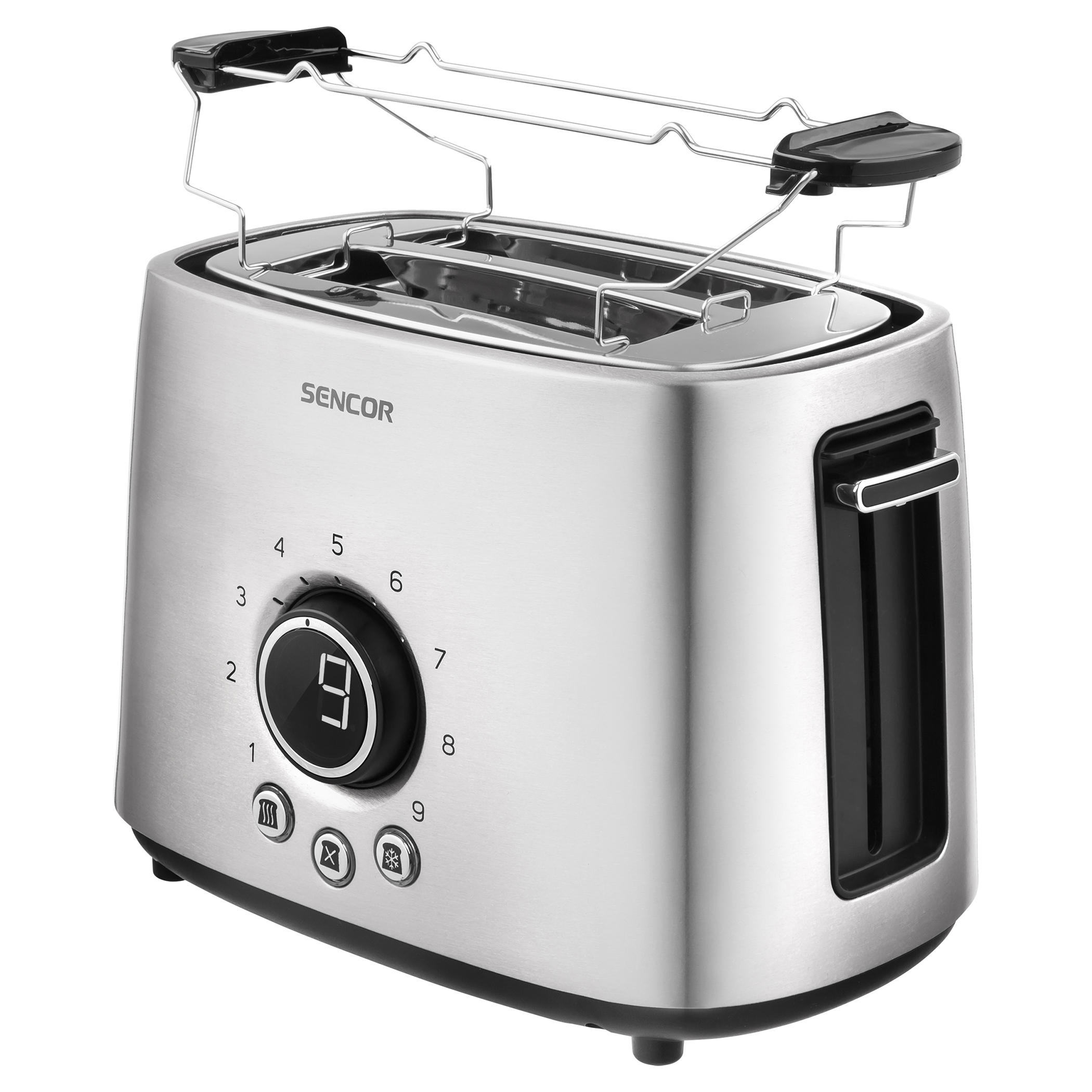Silberner Toaster mit Digitalanzeige und Drehregler. Weißer Hintergrund. Marke SENCOR.