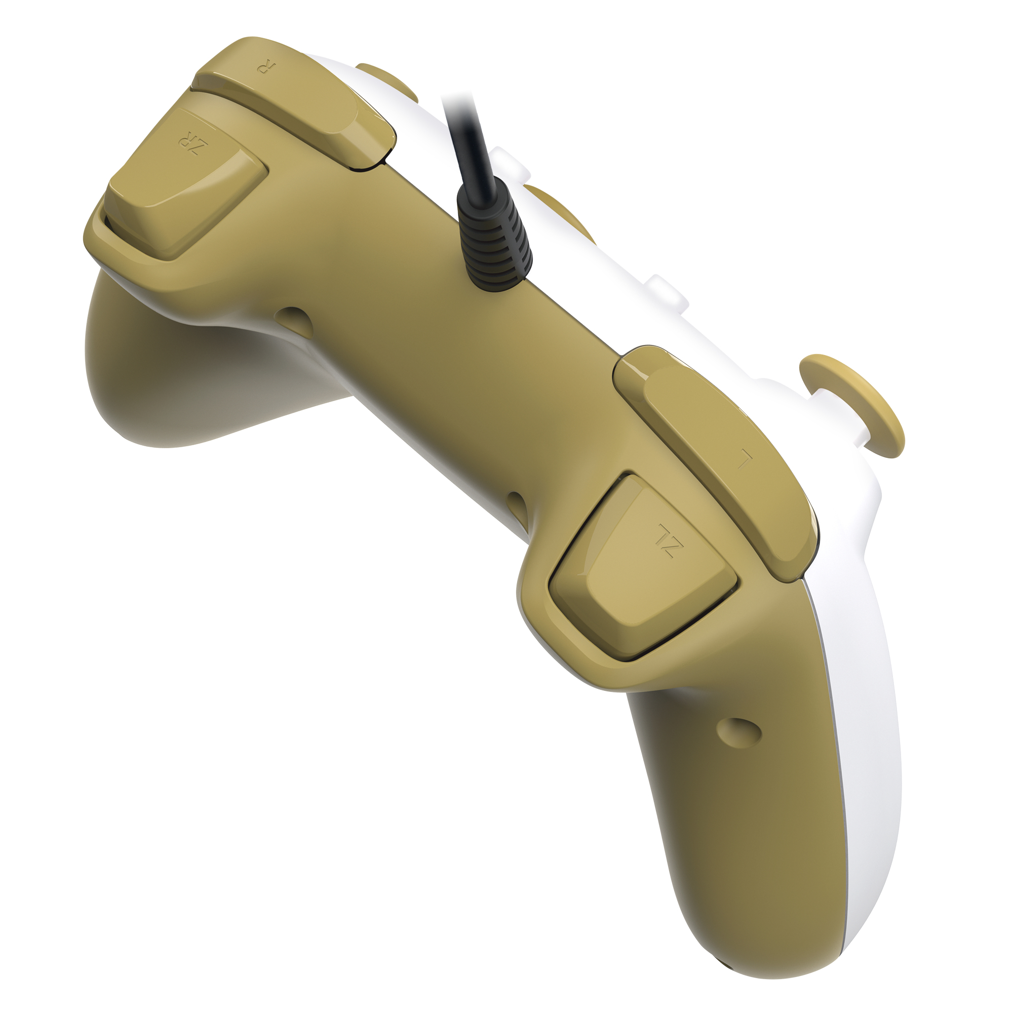 Biało-zielony kontroler do gier skierowany w górę, z przyciskami i czarnym kablem.