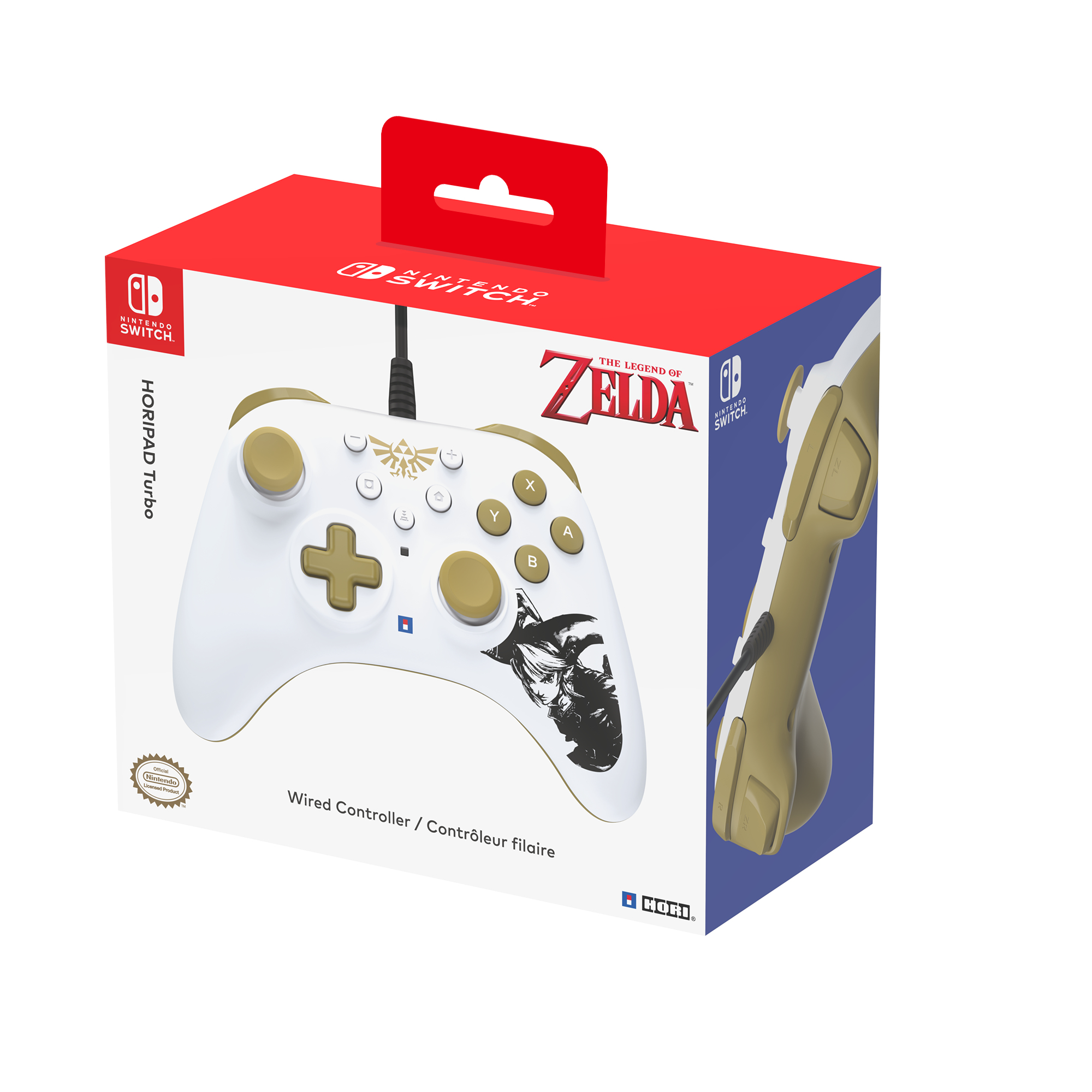 Pudełko kontrolera Nintendo Switch, biało-złote, z logo gry Zelda i kontrolerem.