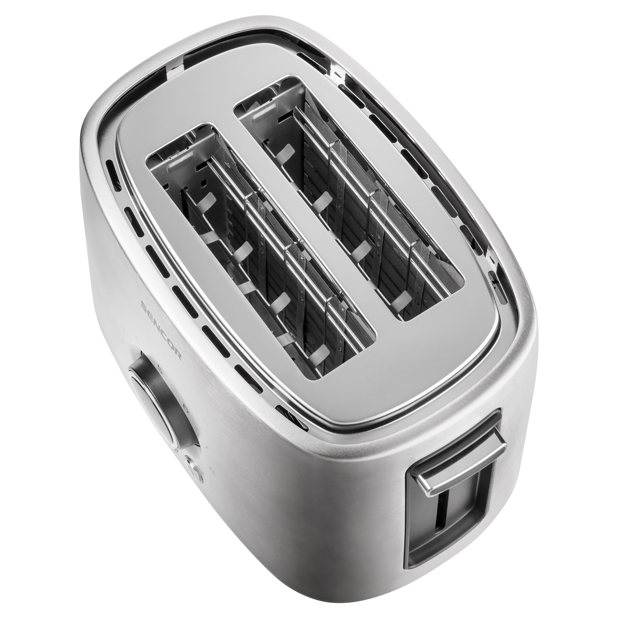 Ein silberner Toaster mit zwei Schlitzen, Bedienelementen an der Seite und Draufsicht auf weißem Hintergrund.
