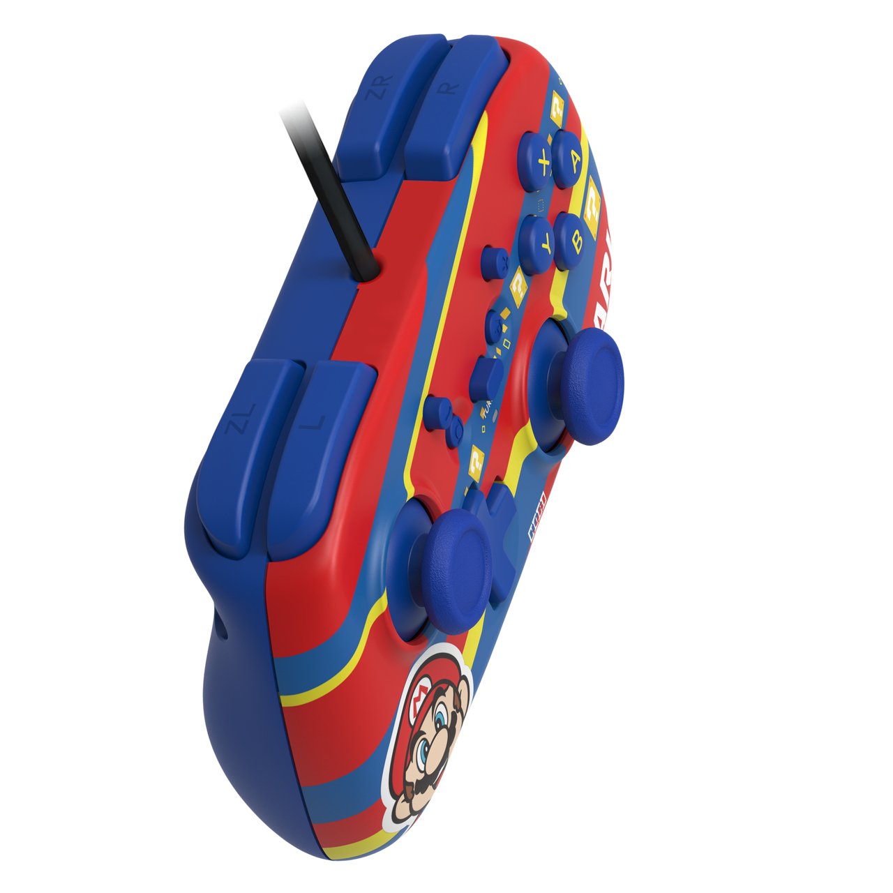 Czerwony i niebieski kontroler Nintendo Switch z motywem Mario. Czarny kabel przymocowany.
