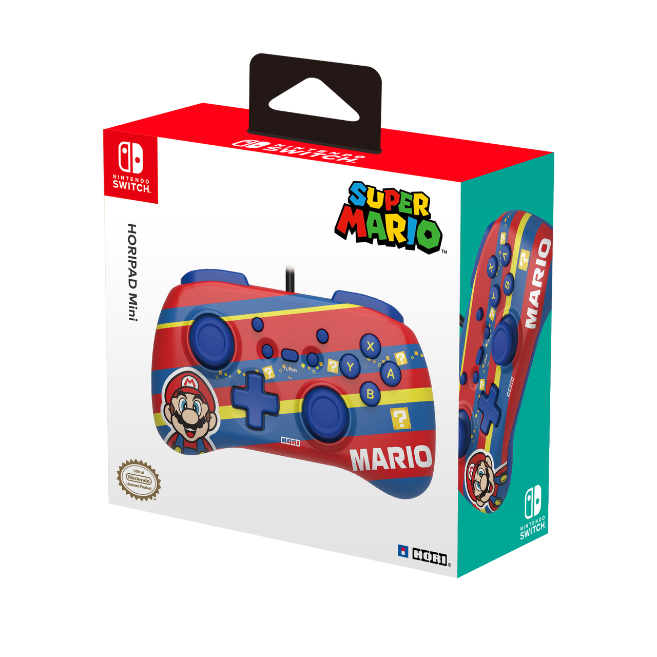 Pudełko kontrolera Nintendo Switch HORIPAD Mini z motywem Mario i logo Mario.