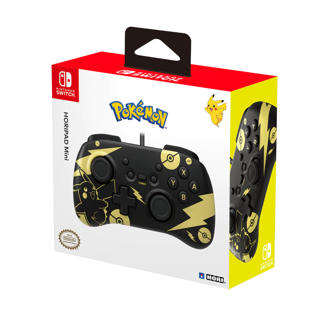 Pudełko Nintendo Switch. Ma motyw Pikachu i czarno-złoty kontroler.