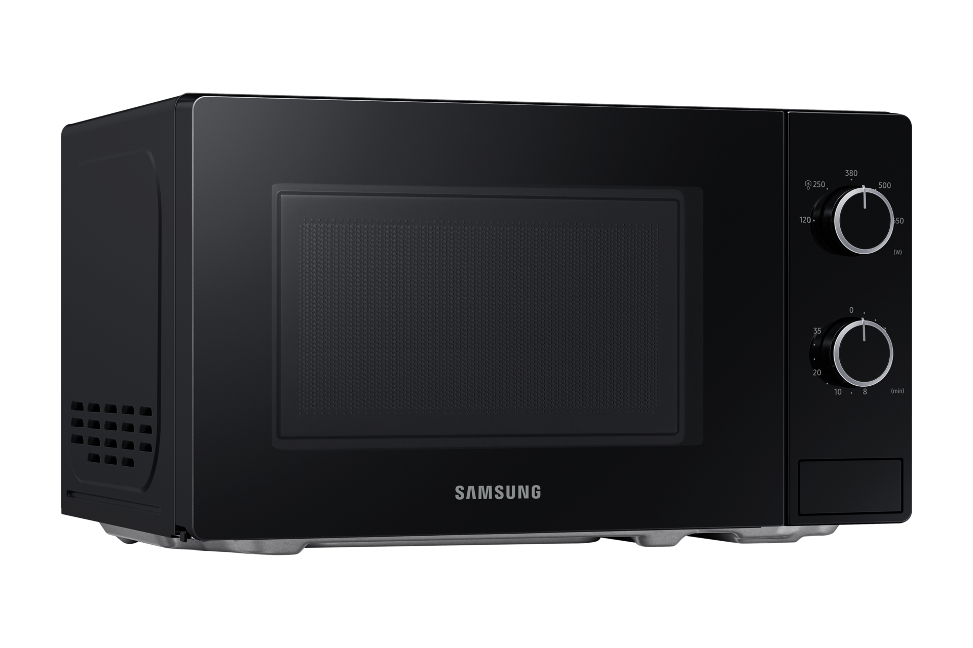 Czarny piekarnik mikrofalowy Samsung z pokrętłami sterowania i szklanymi drzwiami.