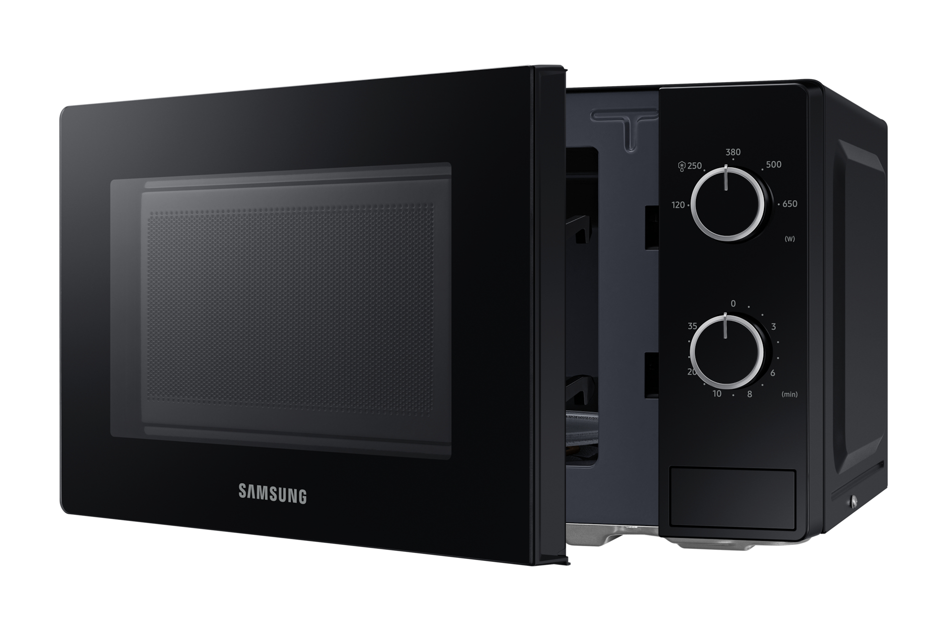 Czarna kuchenka mikrofalowa z otwartymi drzwiami, widoczne elementy wewnętrzne.