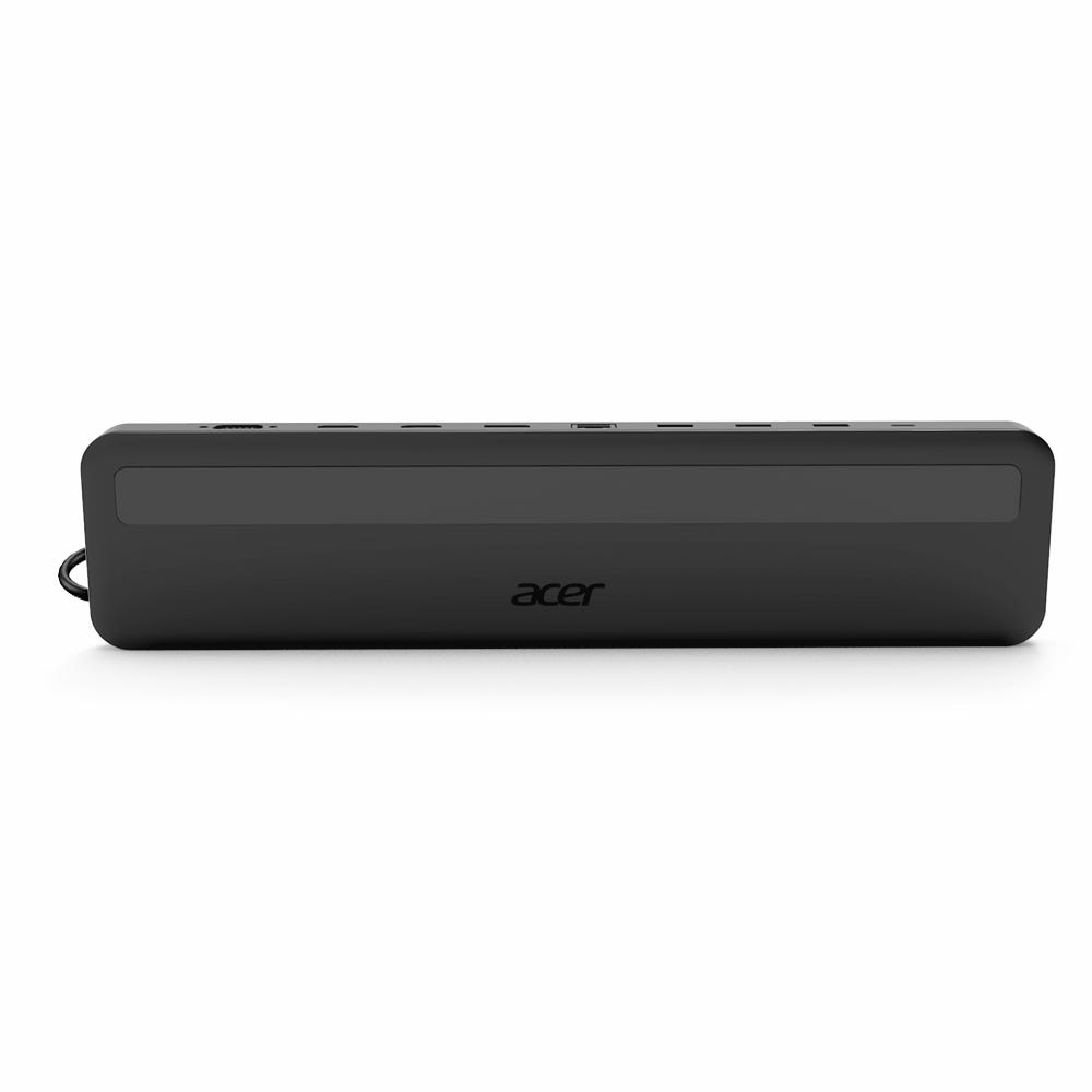 Schwarze Acer-Dockingstation mit verschiedenen Anschlüssen. Sie ist rechteckig und hat eine dunkelgraue Linie in der Mitte.