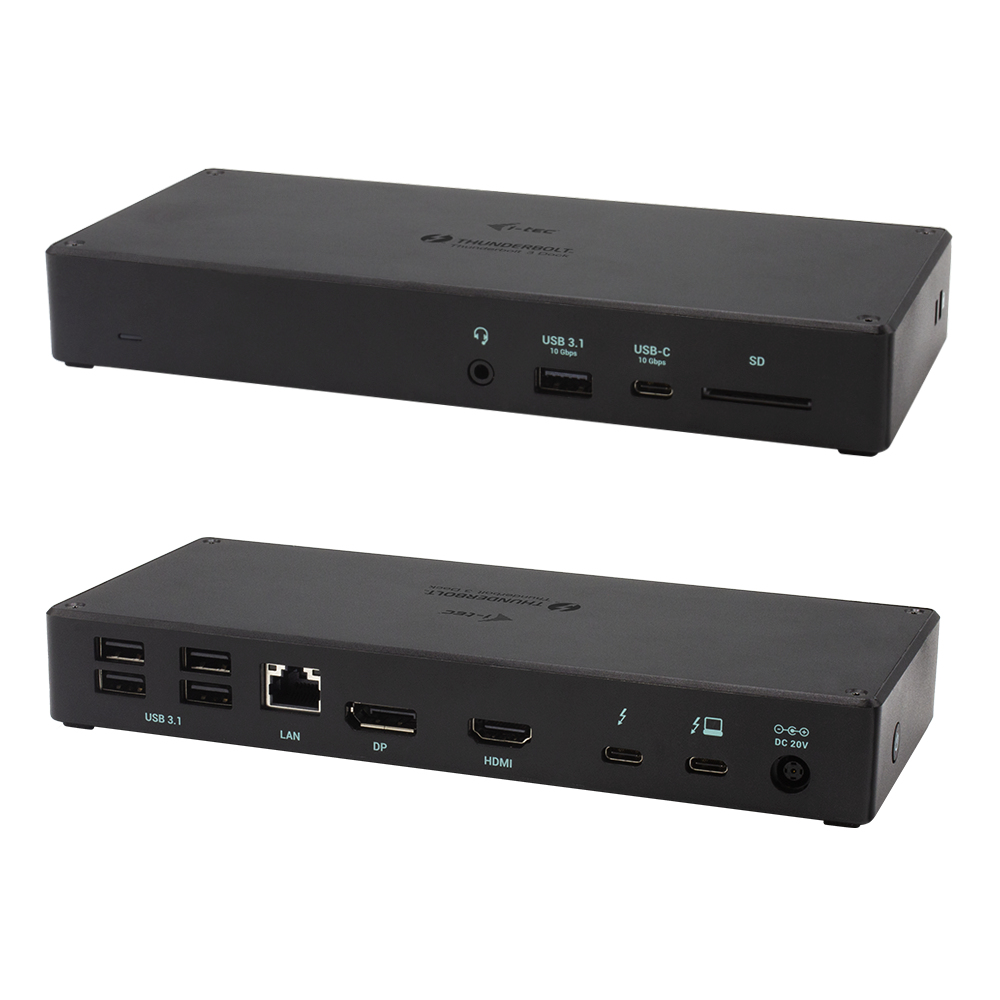 Dos estaciones de acoplamiento negras con varios puertos, incluyendo USB, LAN, DP y HDMI.