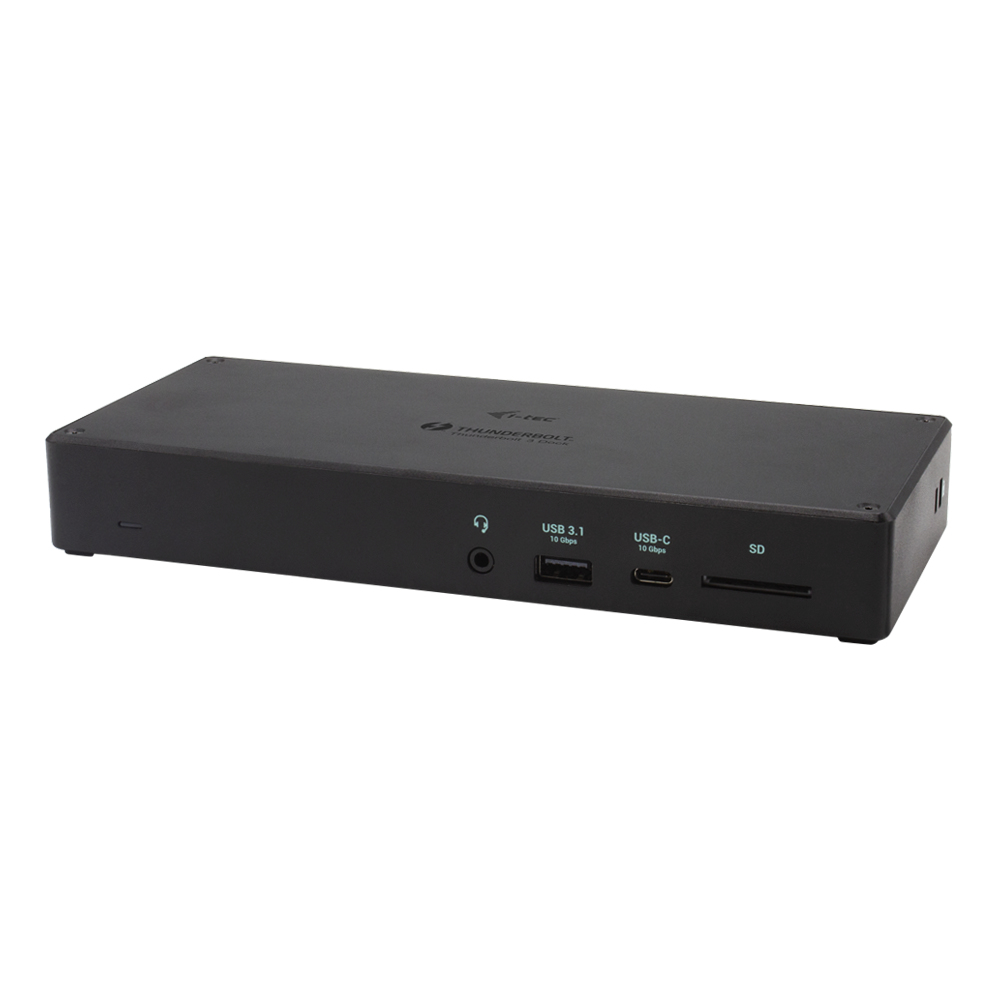 Una estación de acoplamiento Thunderbolt I-tec negra con varios puertos, incluidos USB y tarjeta SD.