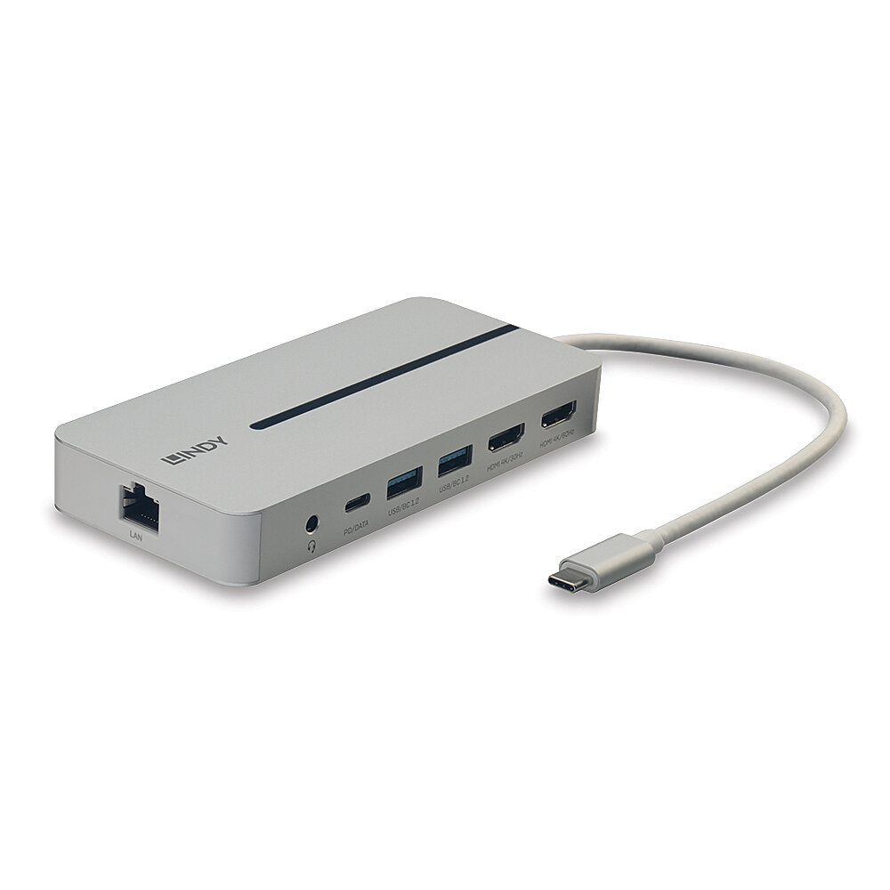 Ein silbernes LINDY-Gerät mit verschiedenen Anschlüssen und einem USB-C-Kabel.