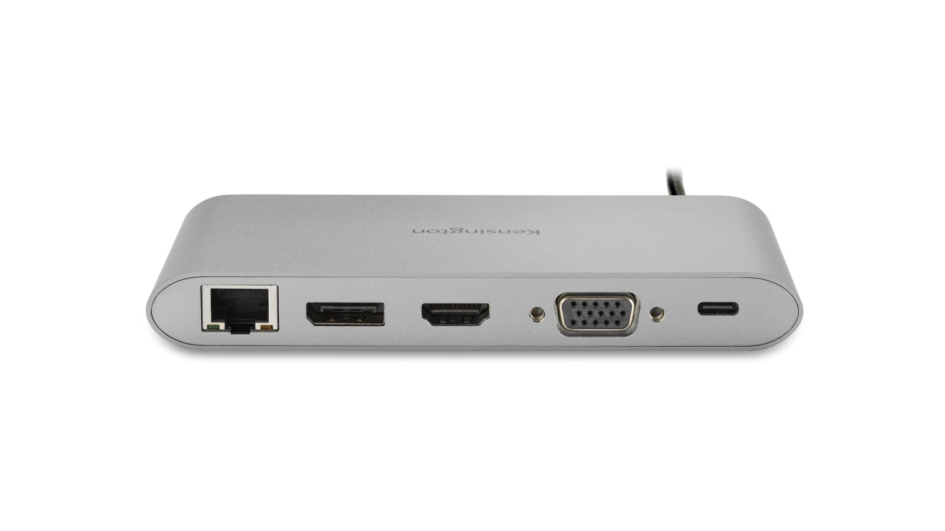 Silberne Kensington-Dockingstation mit Anschlüssen für Ethernet, HDMI, VGA und USB-C, auf weißem Hintergrund.