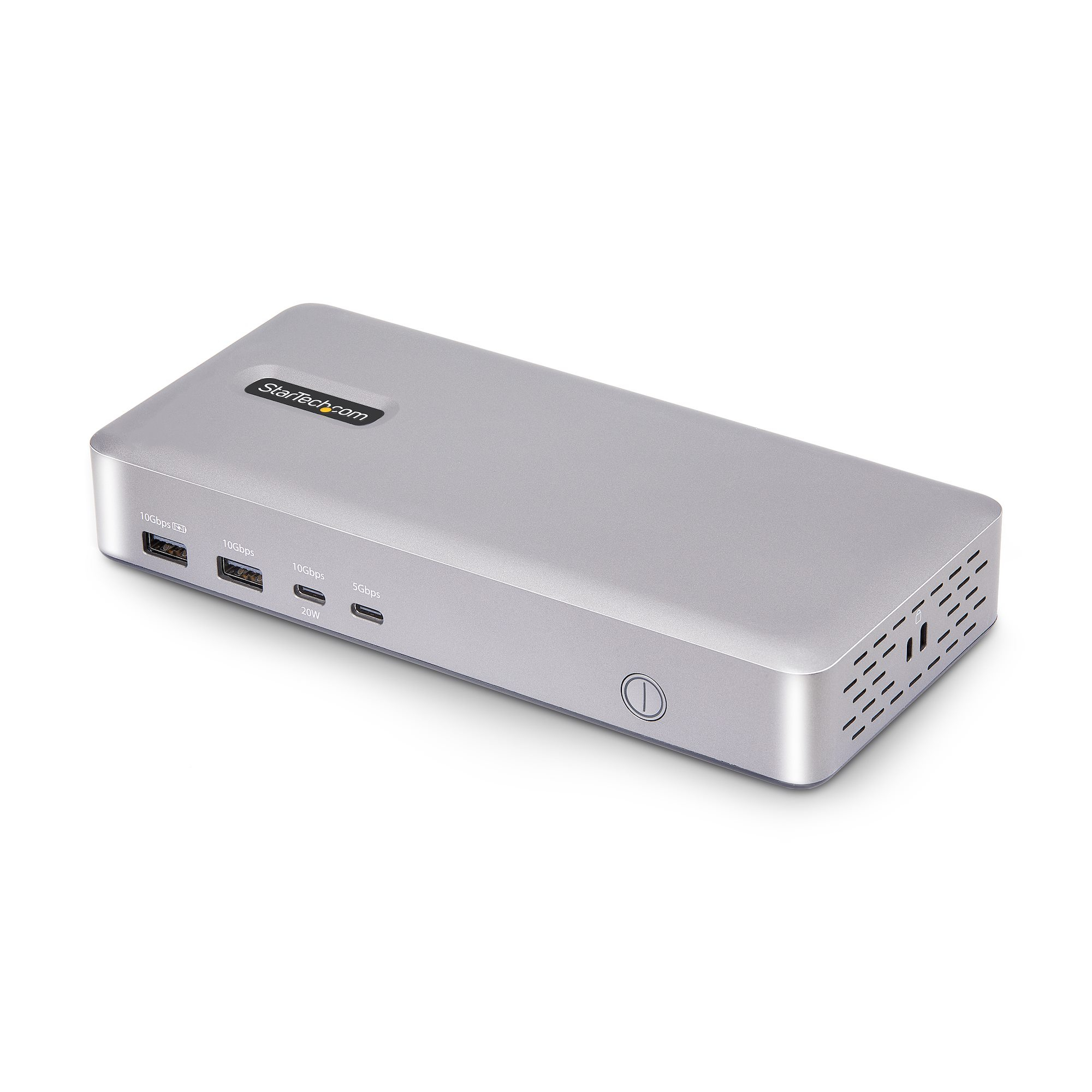 Hub rectangulaire argenté avec ports et bouton d'alimentation. Fond blanc.