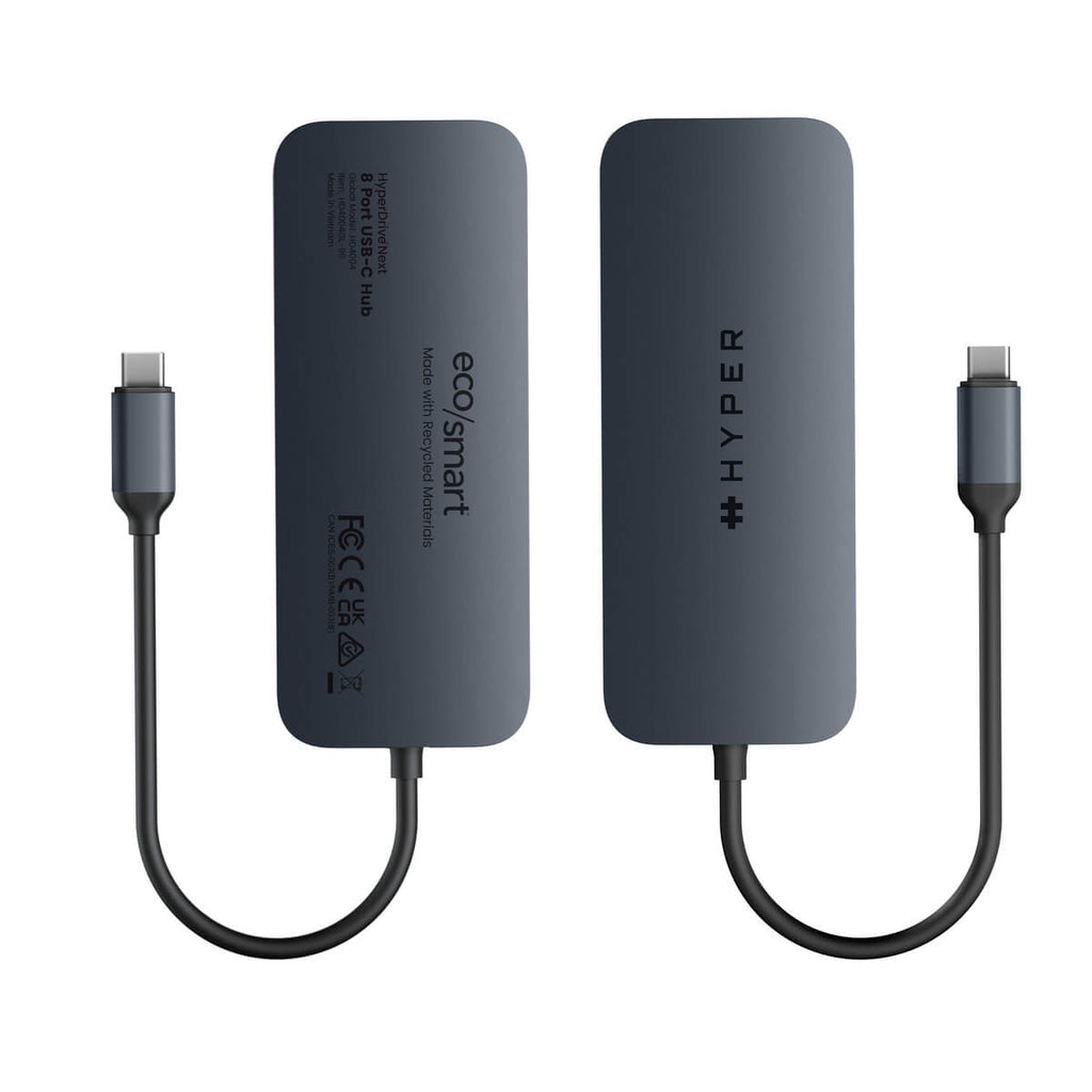 Dos concentradores USB-C grises conectados a cables. Los concentradores están etiquetados con texto.