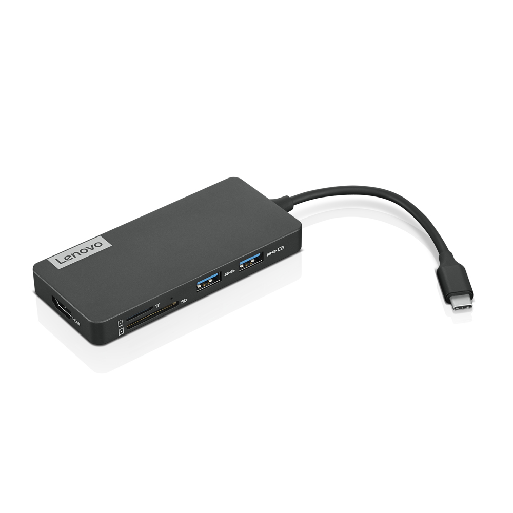 Grauer Lenovo-Hub mit USB-Anschlüssen, Typ-C-Anschluss, HDMI und Kartensteckplätzen; weißer Hintergrund.