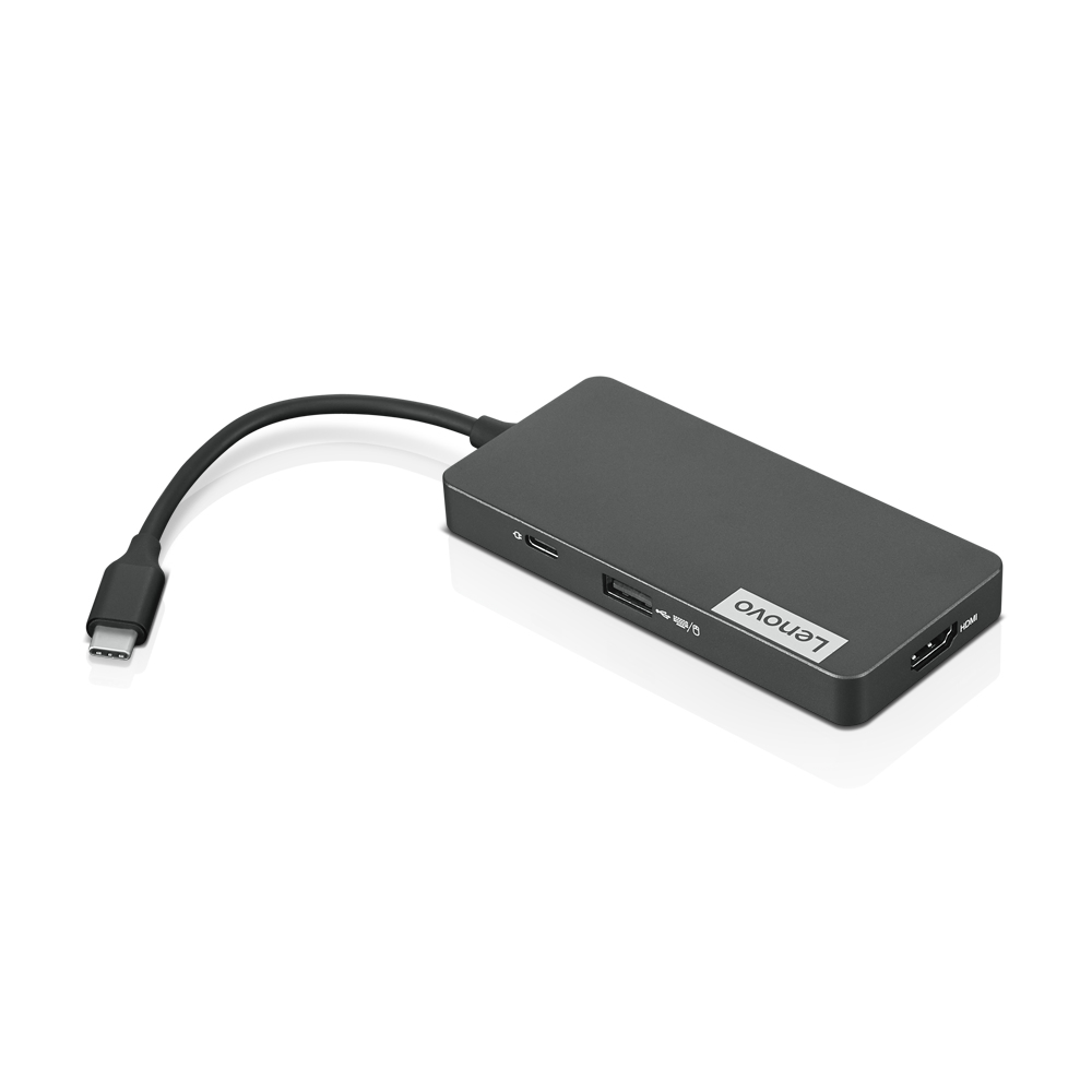 Ein dunkelgrauer Lenovo USB-C-Hub mit Anschlüssen und einem schwarzen Kabel, weißer Hintergrund.