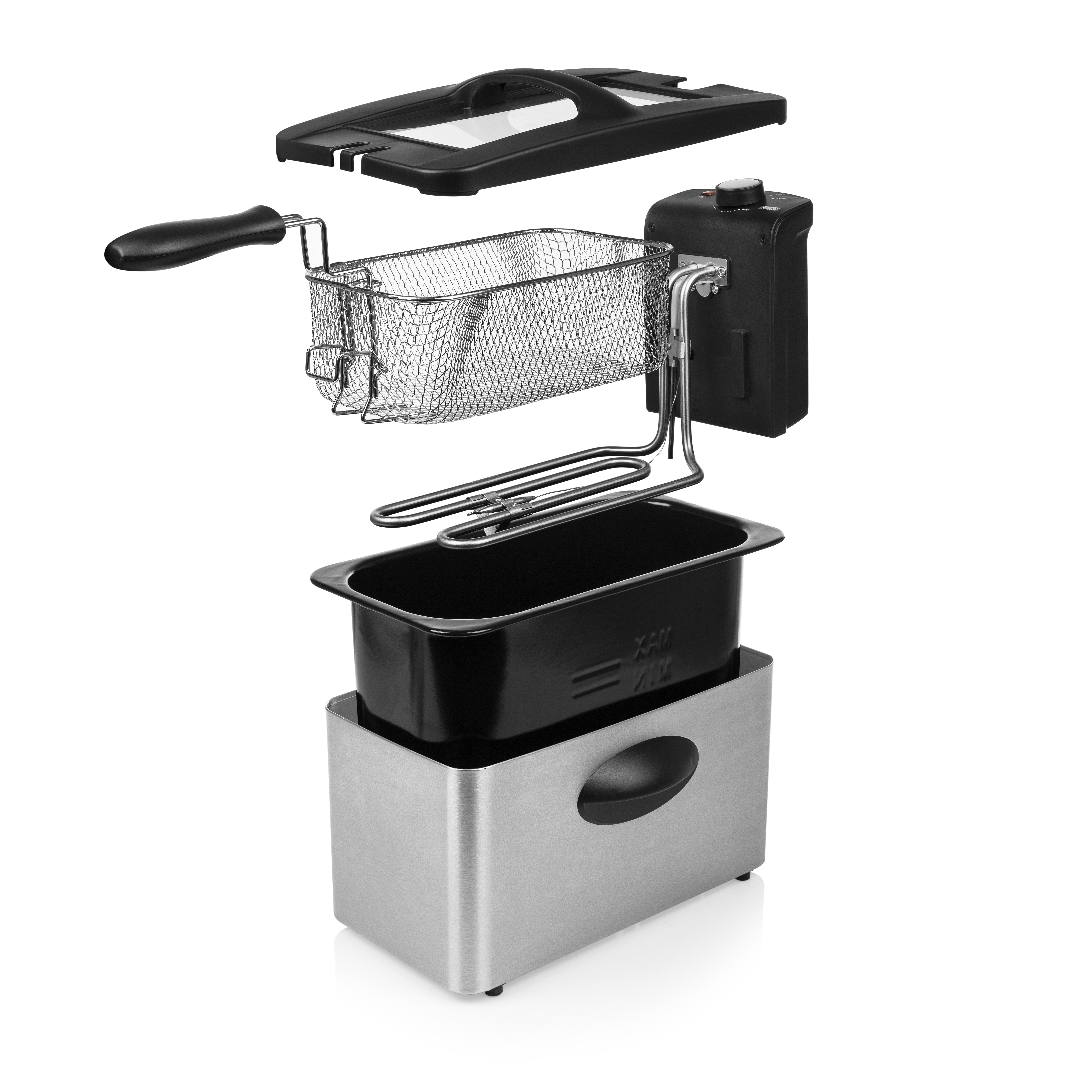 Rozłożona frytkownica z elementami: koszem, elementem grzejnym i podstawą ze stali nierdzewnej.