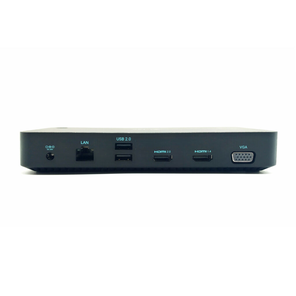 Schwarze Geräte-Rückseite mit LAN-, USB-, HDMI- und VGA-Anschlüssen. Das Gerät steht auf einer weißen Oberfläche.