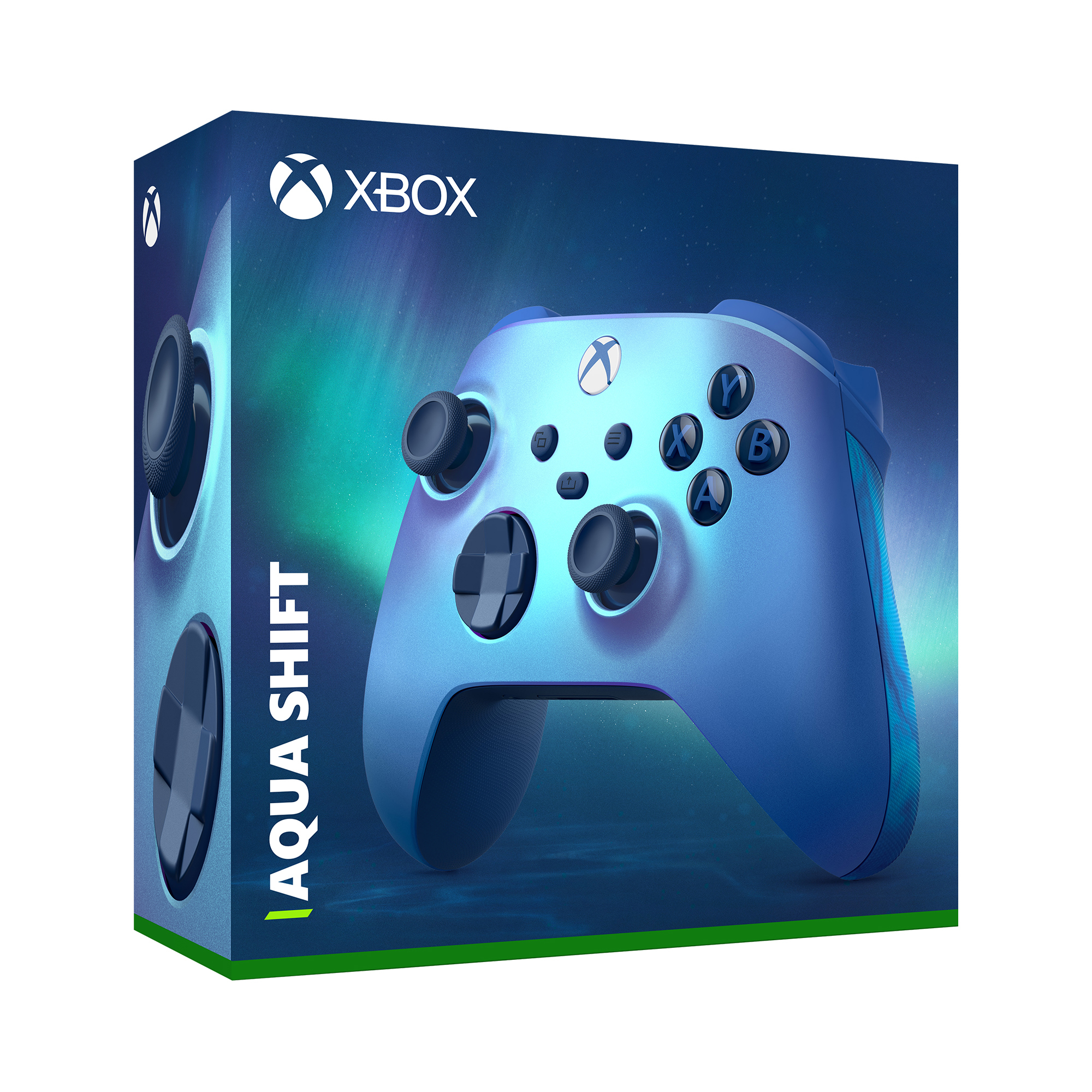 Xbox Aqua Shift Controller in seiner Box. Der Controller ist blau und die Box ist blau und grün.