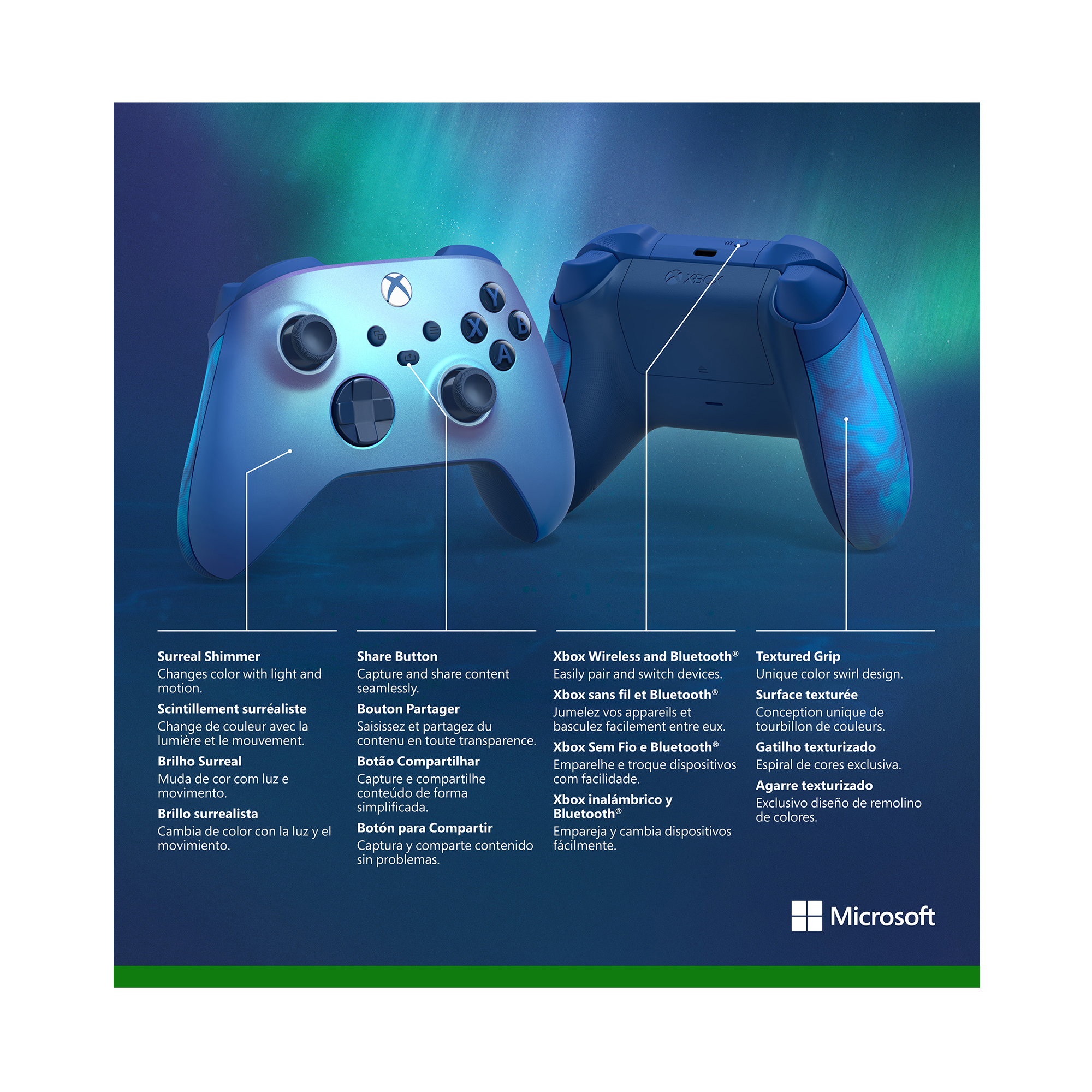 Xbox-Controller mit blauem und silbernem Farbschema, mit Funktionsbeschreibungen.