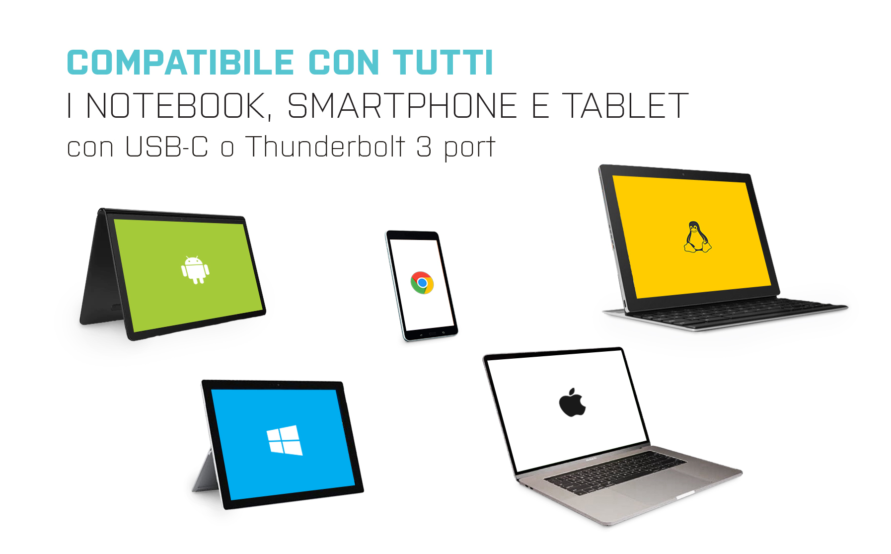 Laptop, tablet e smartphone con porte USB-C. Una varietà di dispositivi, sfondo bianco.
