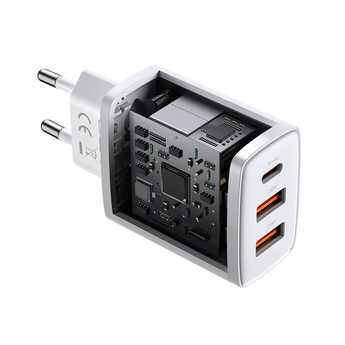 Biała ładowarka USB z dwoma portami. Szare wnętrze, biała obudowa i czarne bolce. Białe tło.