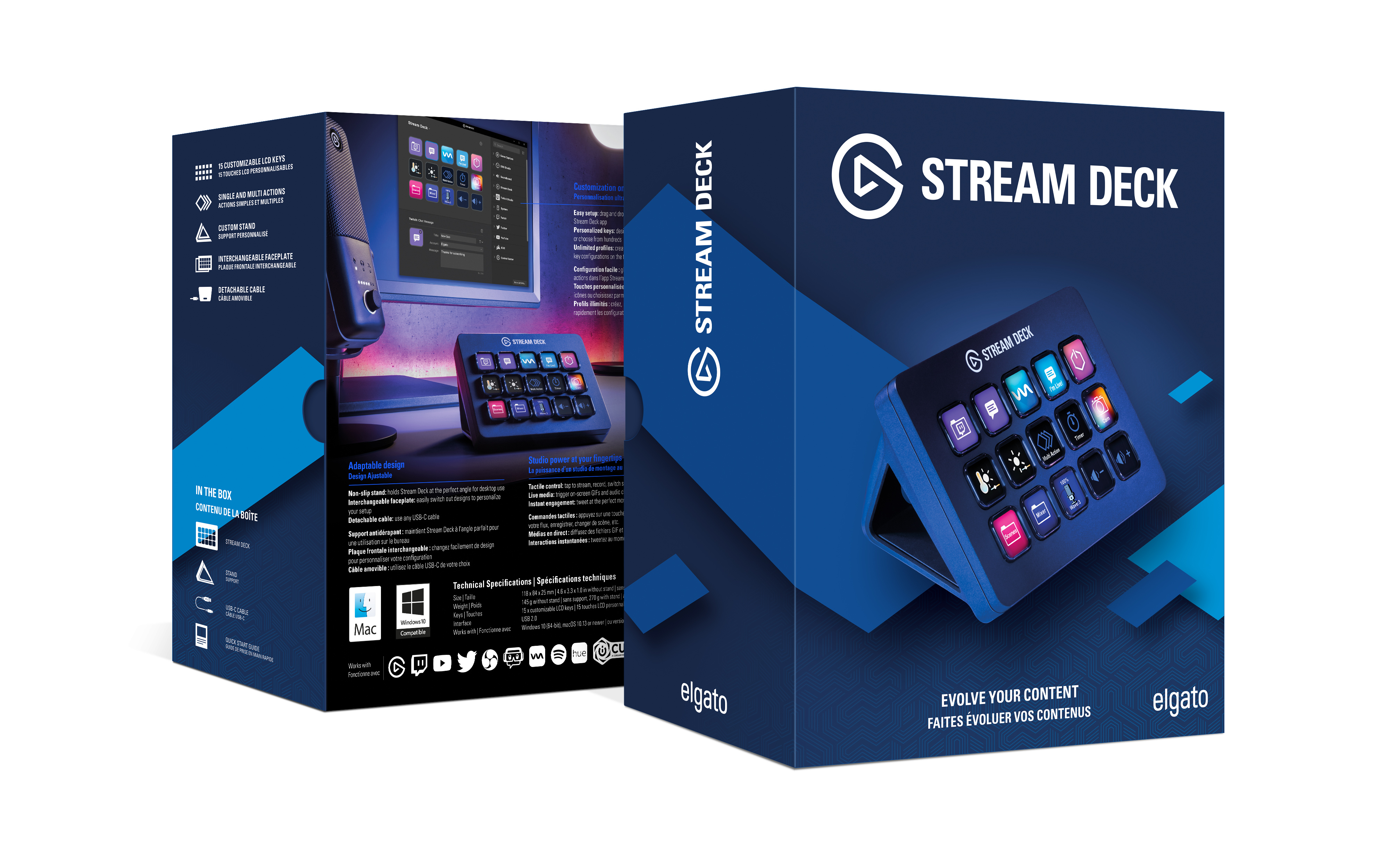 Elgato Stream Deck z 15 klawiszami LCD, mikrofonem i wyświetlaczem laptopa.