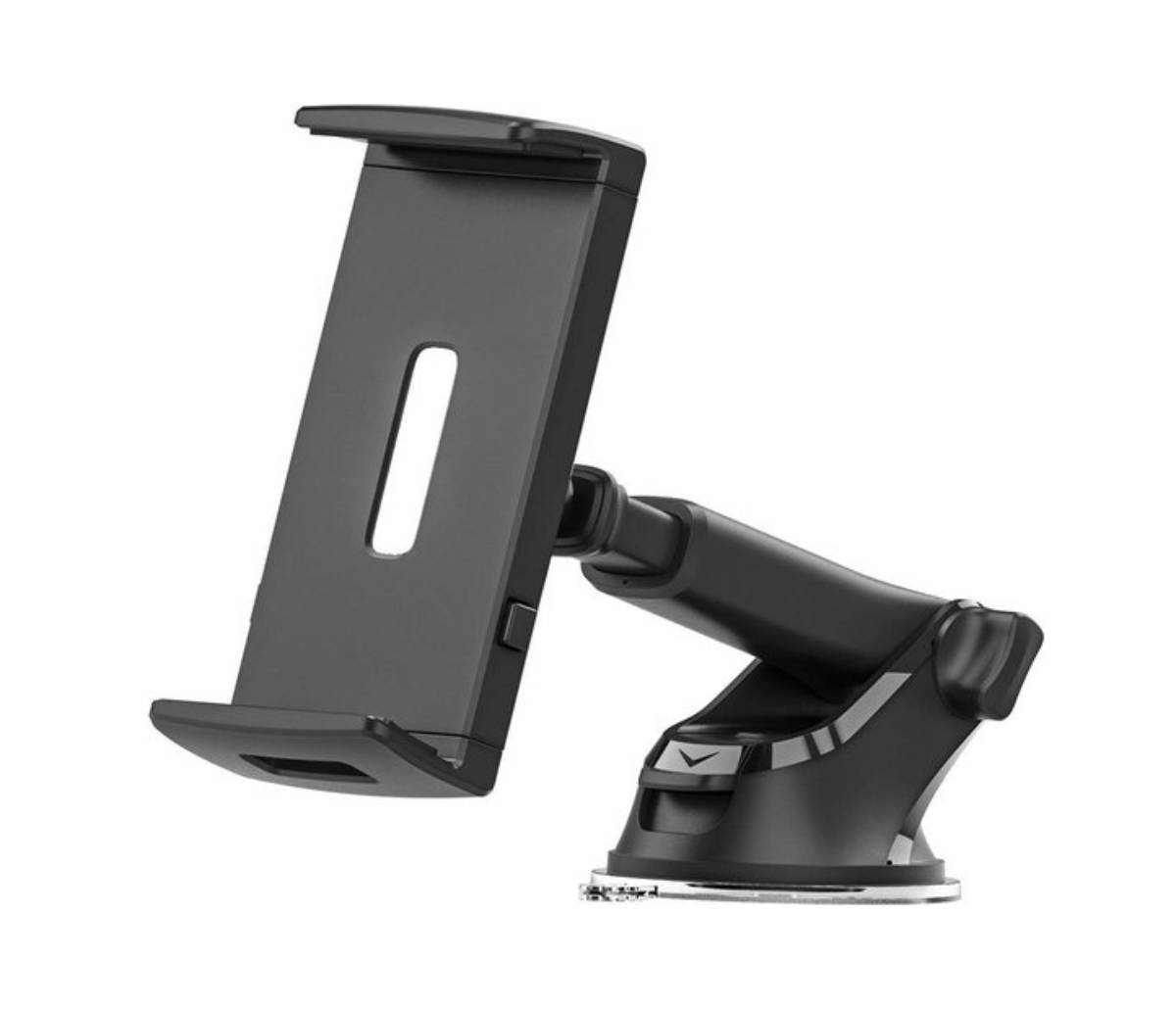 Supporto per telefono nero per auto con ventosa e braccio regolabile.