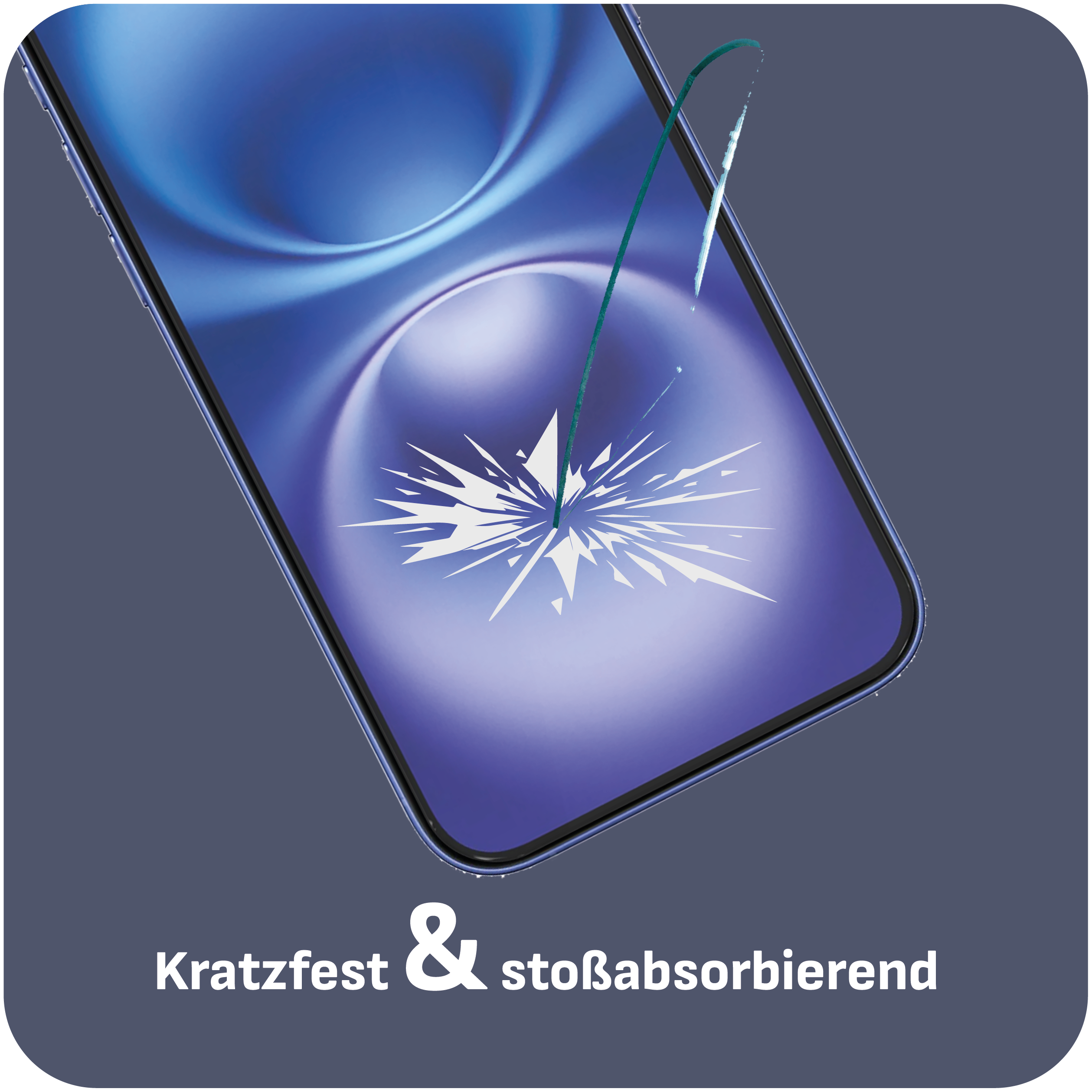 Telefonbildschirm mit einer Rissillustration und Text: Kratzfest & stoßabsorbierend.