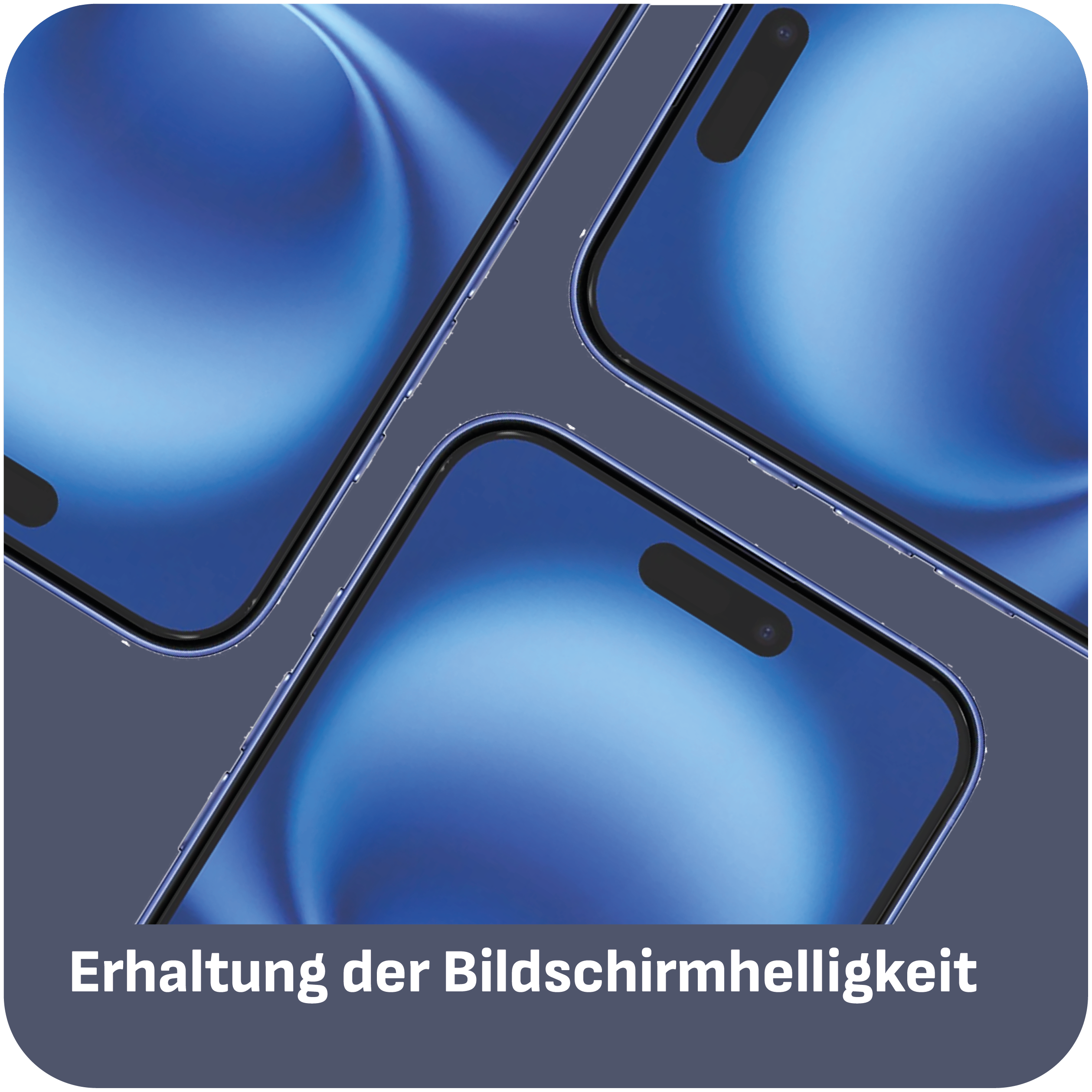 Bild von mehreren Smartphone-Bildschirmen mit abstrakten blauen Hintergründen. Text sagt 'Erhaltung der Bildschirmshelligkeit'.