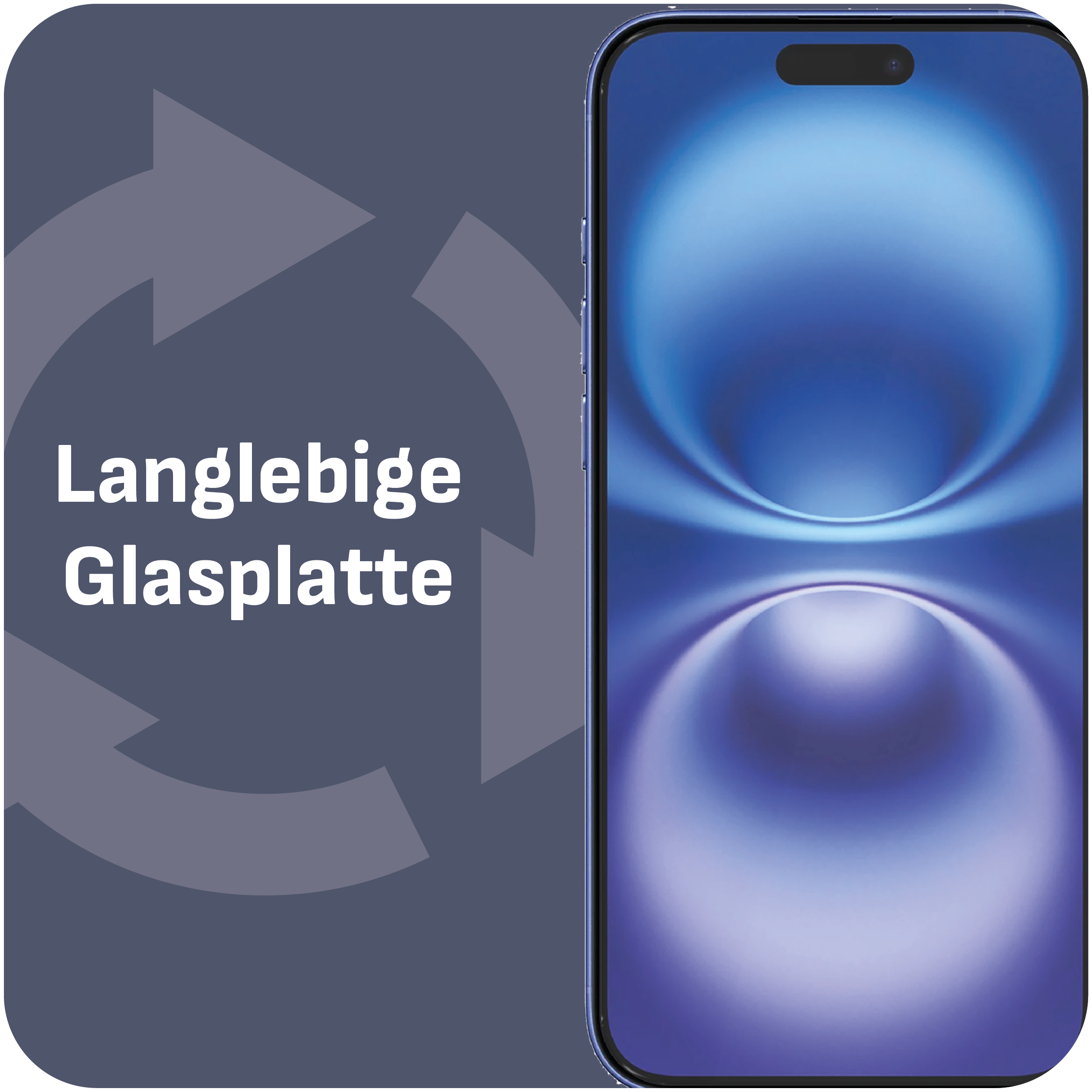 Ein Smartphone mit blauem Bildschirm und Text auf grauem Hintergrund.