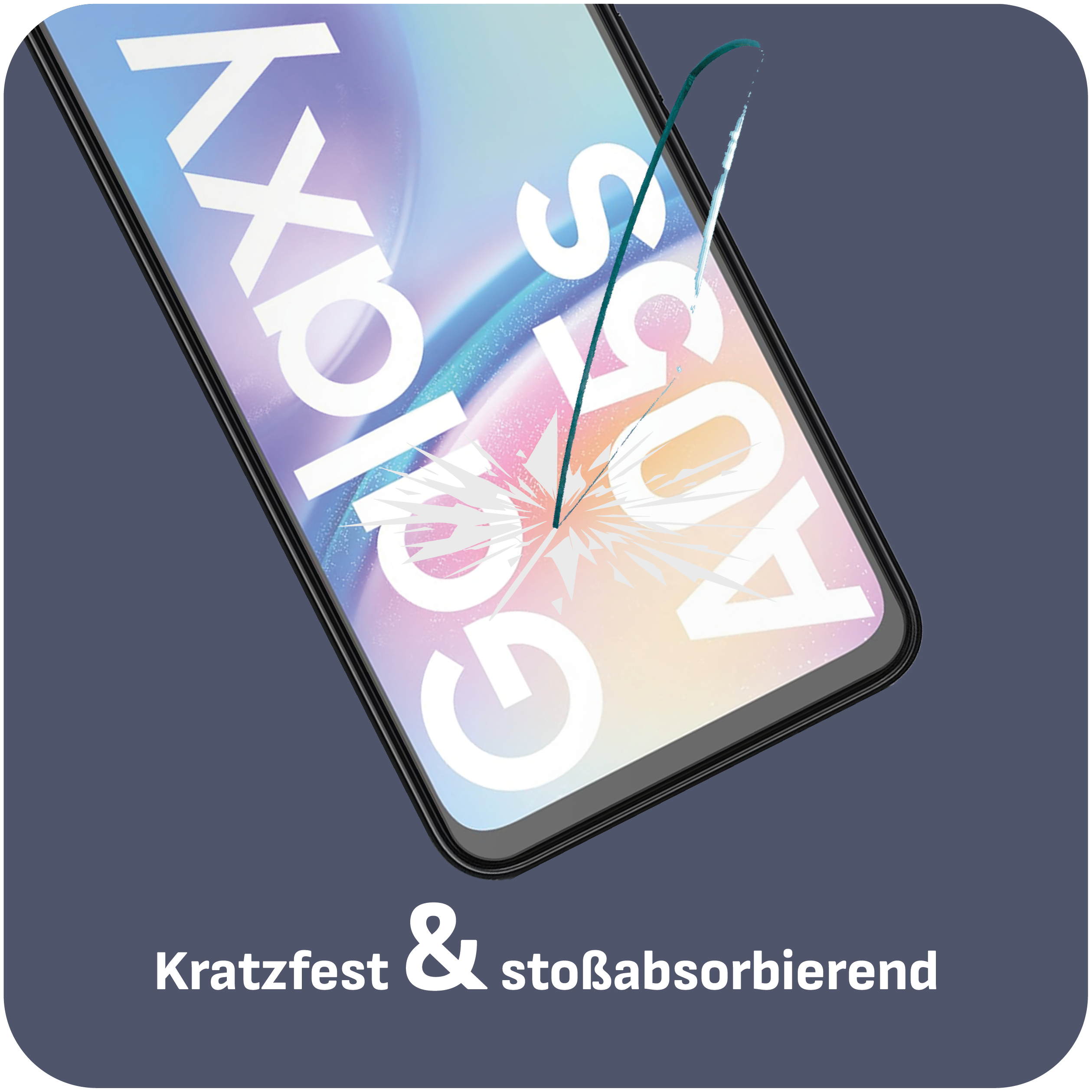 Nahaufnahme eines Bildschirms mit Riss und den Worten 'Galaxy A05'.