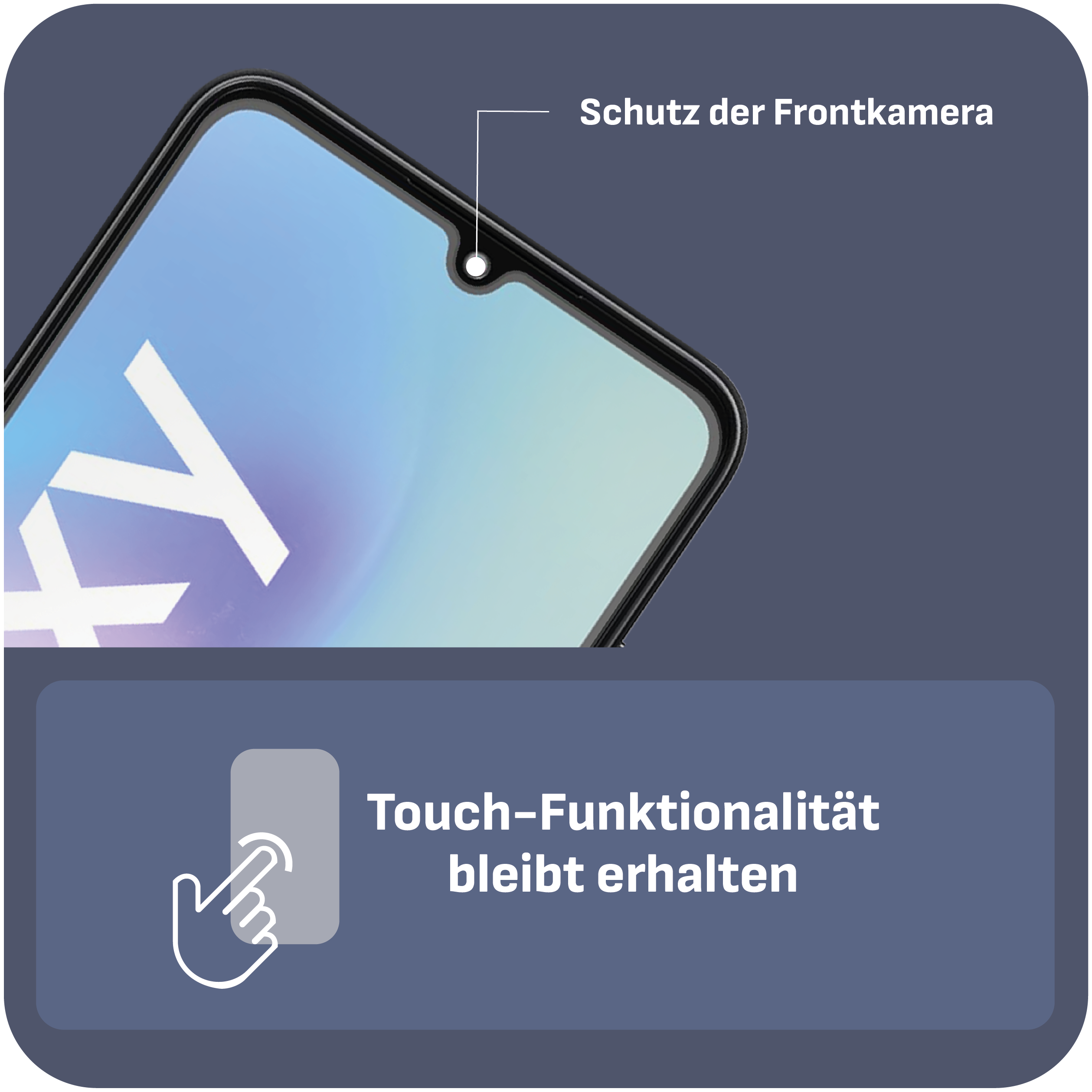 Smartphone-Bildschirm. Nahaufnahme des Bildschirms. Text zum Kameraschutz und Touch-Funktion.