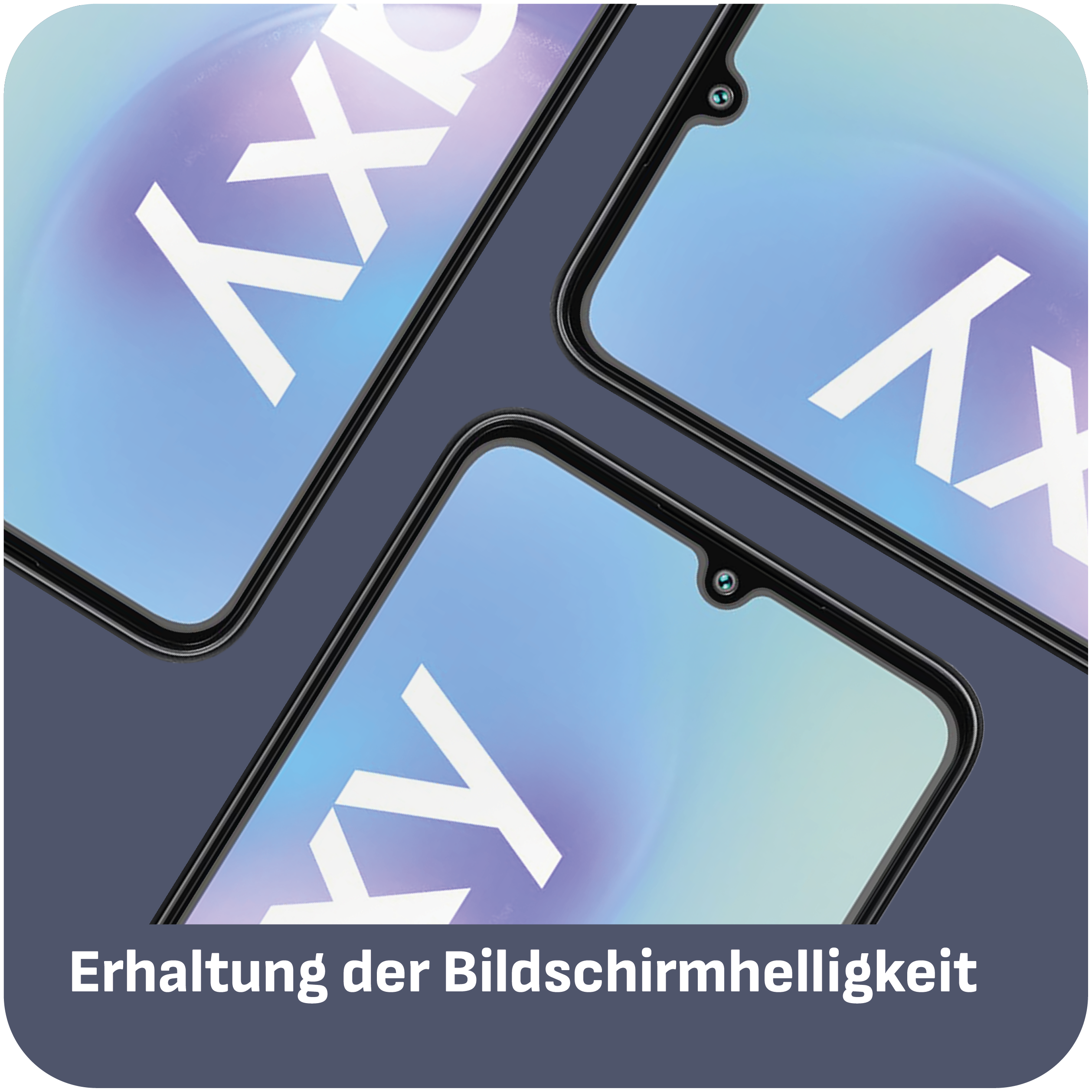 Nahaufnahme von Telefonbildschirmen mit Galaxy-Text, blauem Farbverlauf und schwarzem Rahmen.