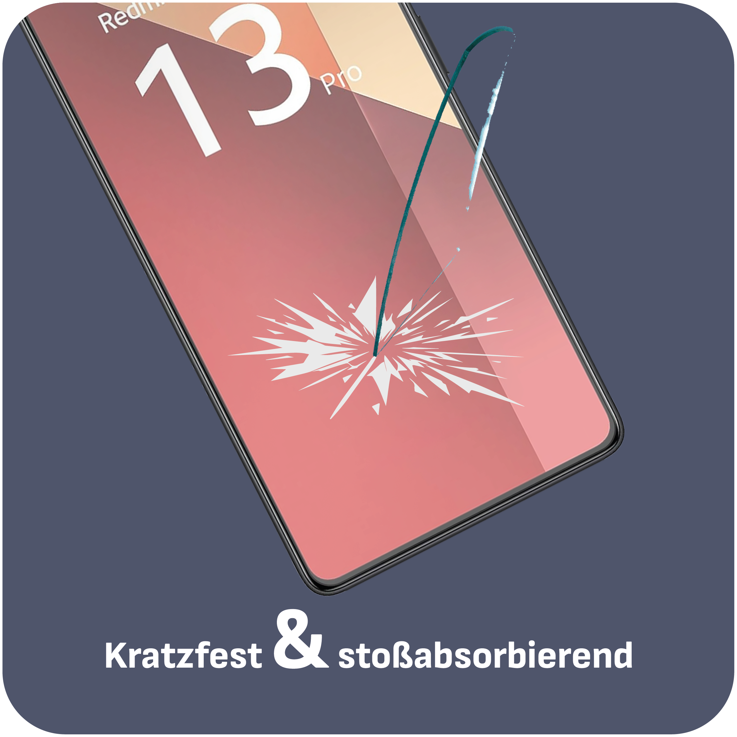 Telefonbildschirm mit Riss, Glas trennt sich. Text sagt kratzfest und stoßabsorbierend.