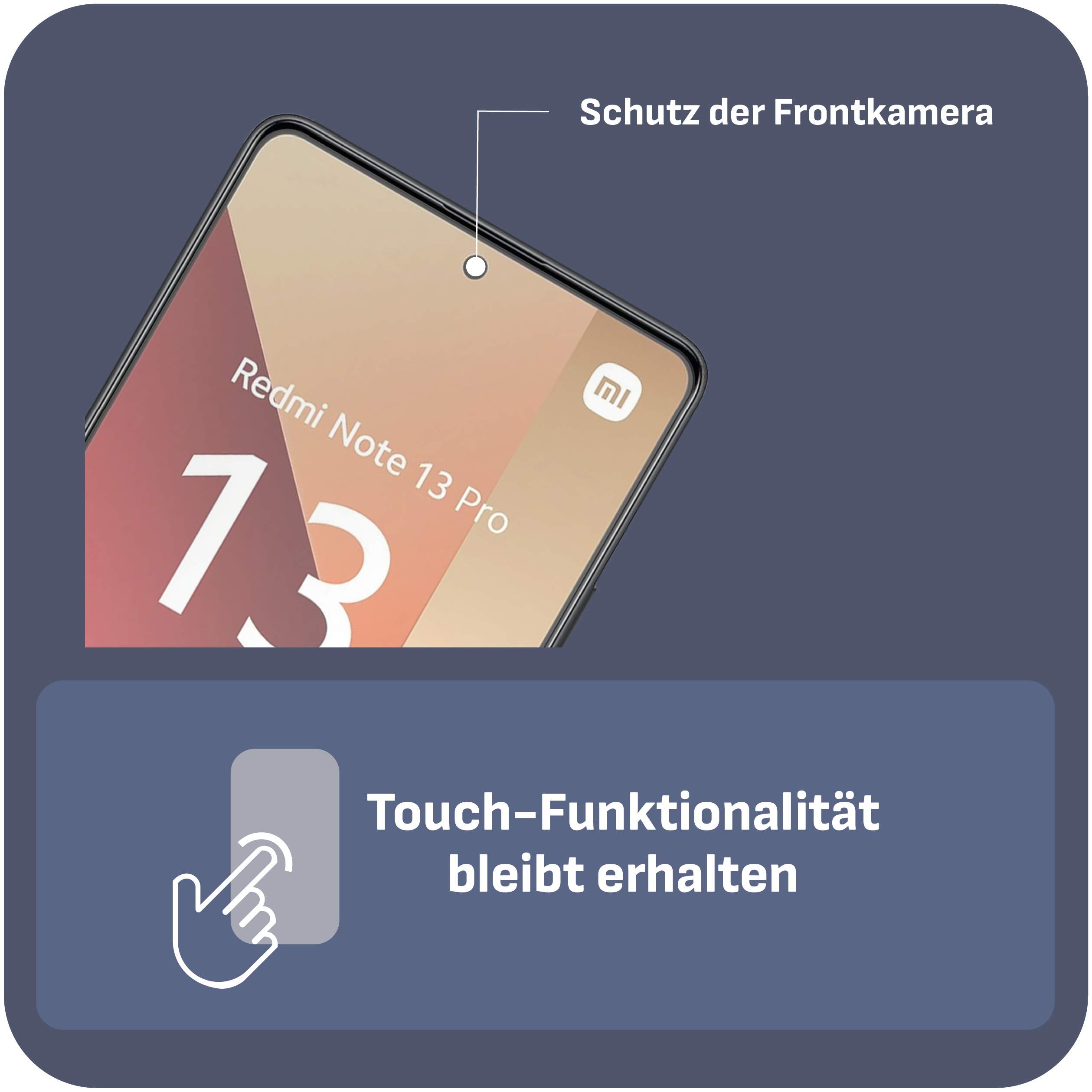 Redmi Note 13 Pro Telefon mit Displayschutz. Text: Schutz der Frontkamera.